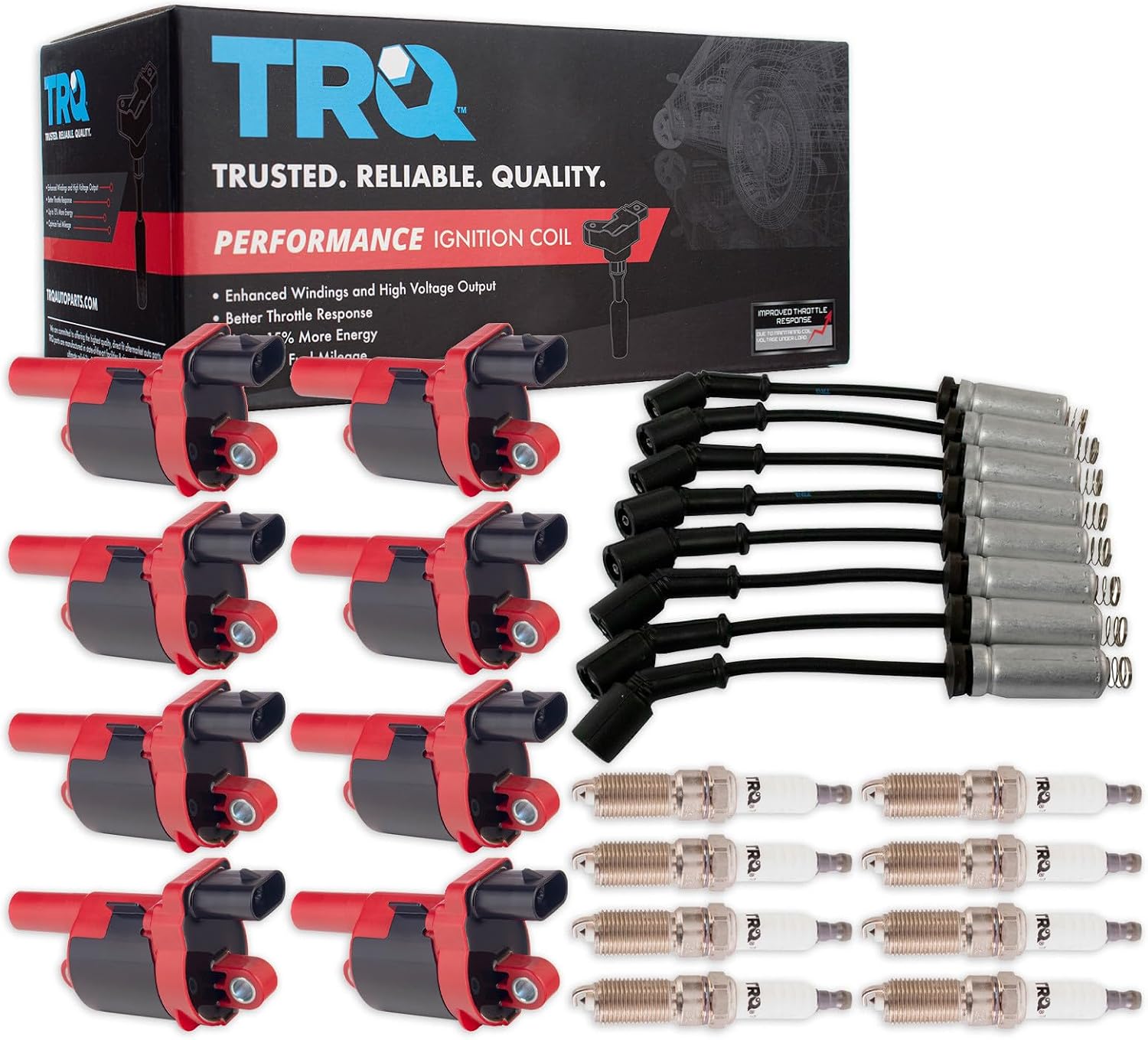 TRQ Performance Ignition Kit Ignition Coil Spark Plugs Wire Set 17 Piece Compatible with 14-21 Chevrolet Silverado 1500 5.3L 6.2L V8 14-21 GMC Sierra 1500 5.3L 6.2L V8 ROUND STYLE COIL ONLY