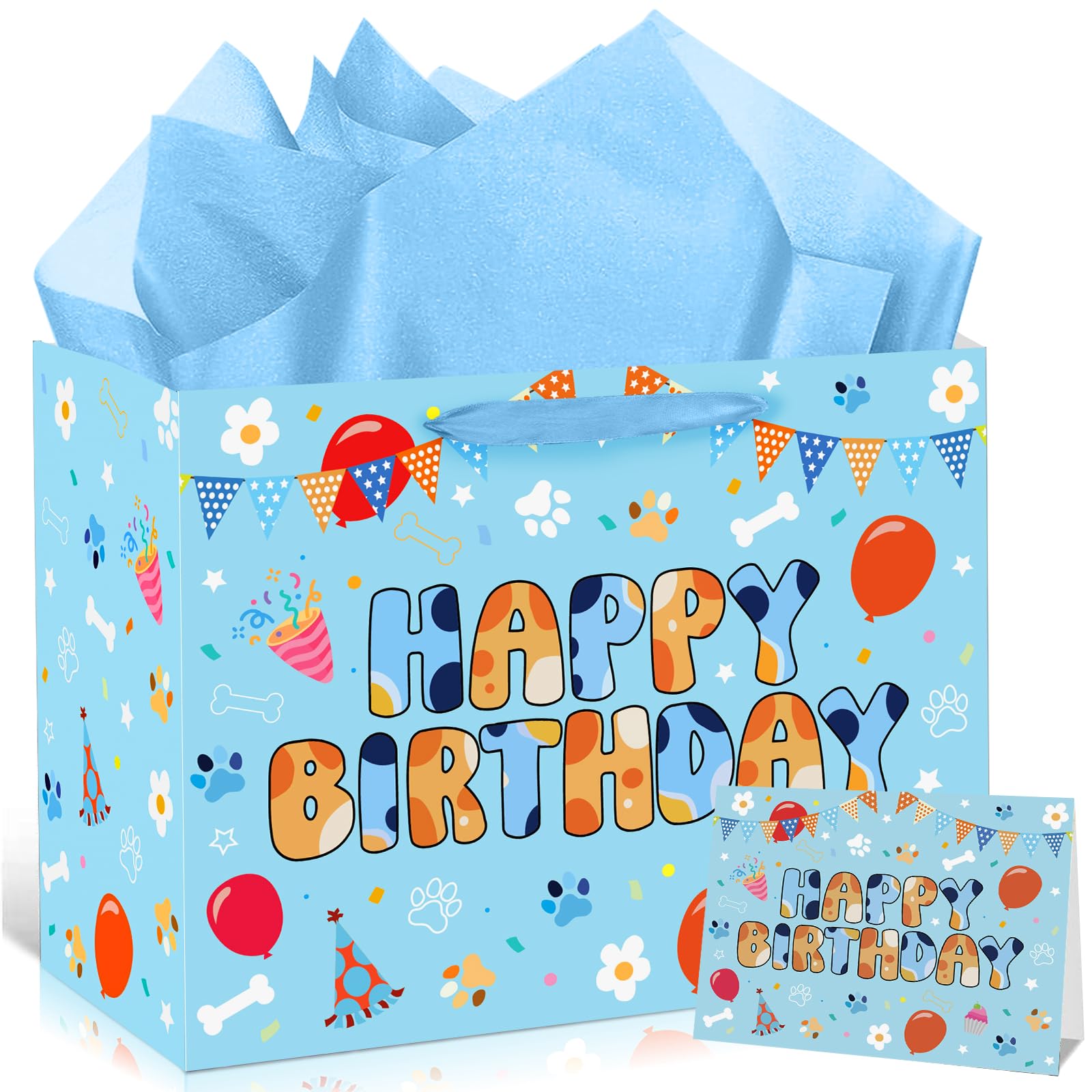 Cartoon Blue Dog Birthday Gift Bag with Wrapping Paper and Greeting Card Cute Blue and Orange Dog Gift Wrap Paper Bags Large Cartoon Birthday Party Favor Bags Decorations for Girls Boys Party Supplies