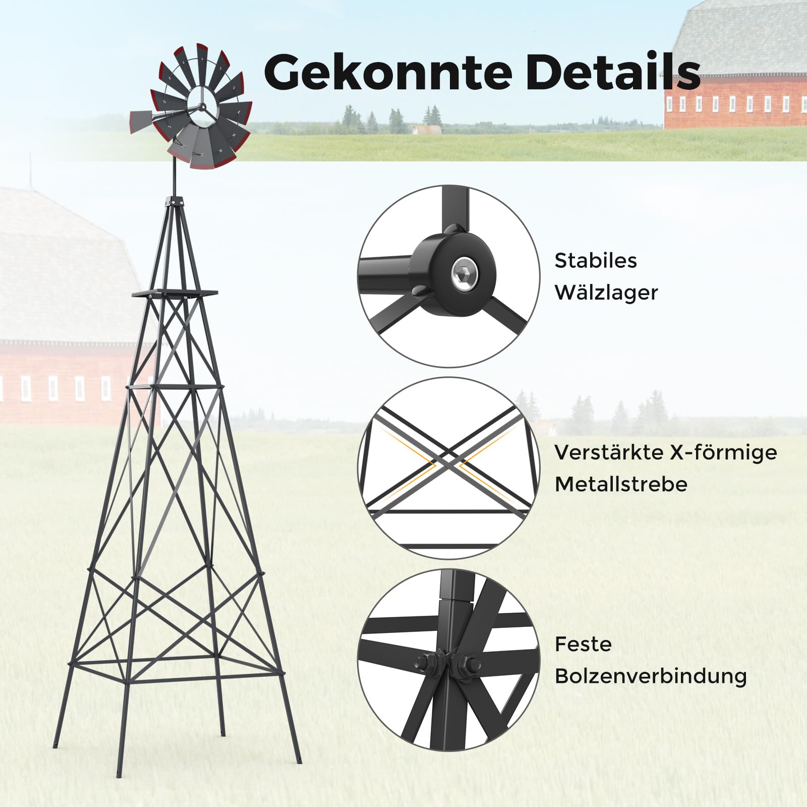 GOPLUS Metalowy wiatrak, wysokość 253 cm, dzwonki wiatrowe, wodoszczelny, odporny na warunki atmosferyczne, wiatrak z kołkami do wbijania w ziemię i strukturą w kształcie litery X, dekoracja ogrodowa