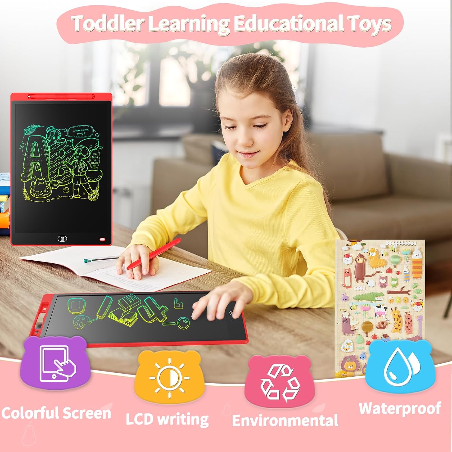 Genialba LCD Writing Board 12 Inches, Colourful Electronic Tablet, Portable Erasable Drawing Board, Graphic Tablet for Children's Games 3 4 5 6 7 Year Old Kid Boys Girls (Red) image 3