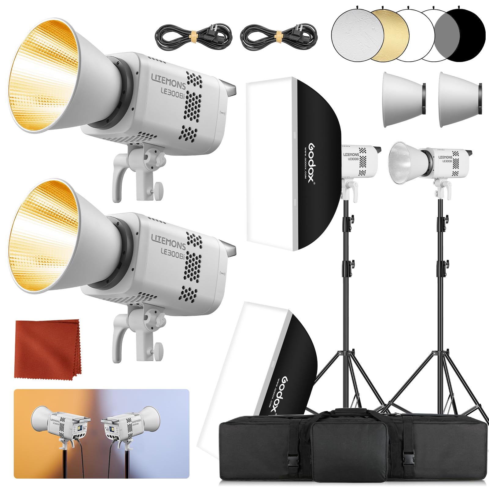 Godox 2-Pack Litemons LE300Bi LE300 Bi LED-Dauerlicht 320W 2800K~6500K 58900 Lux/1m TLCI/CRI≈98 Bluetooth-Steuerung 11 FX-Effekte Bowens-Halterung Videoleuchte für Live-Streaming (White)