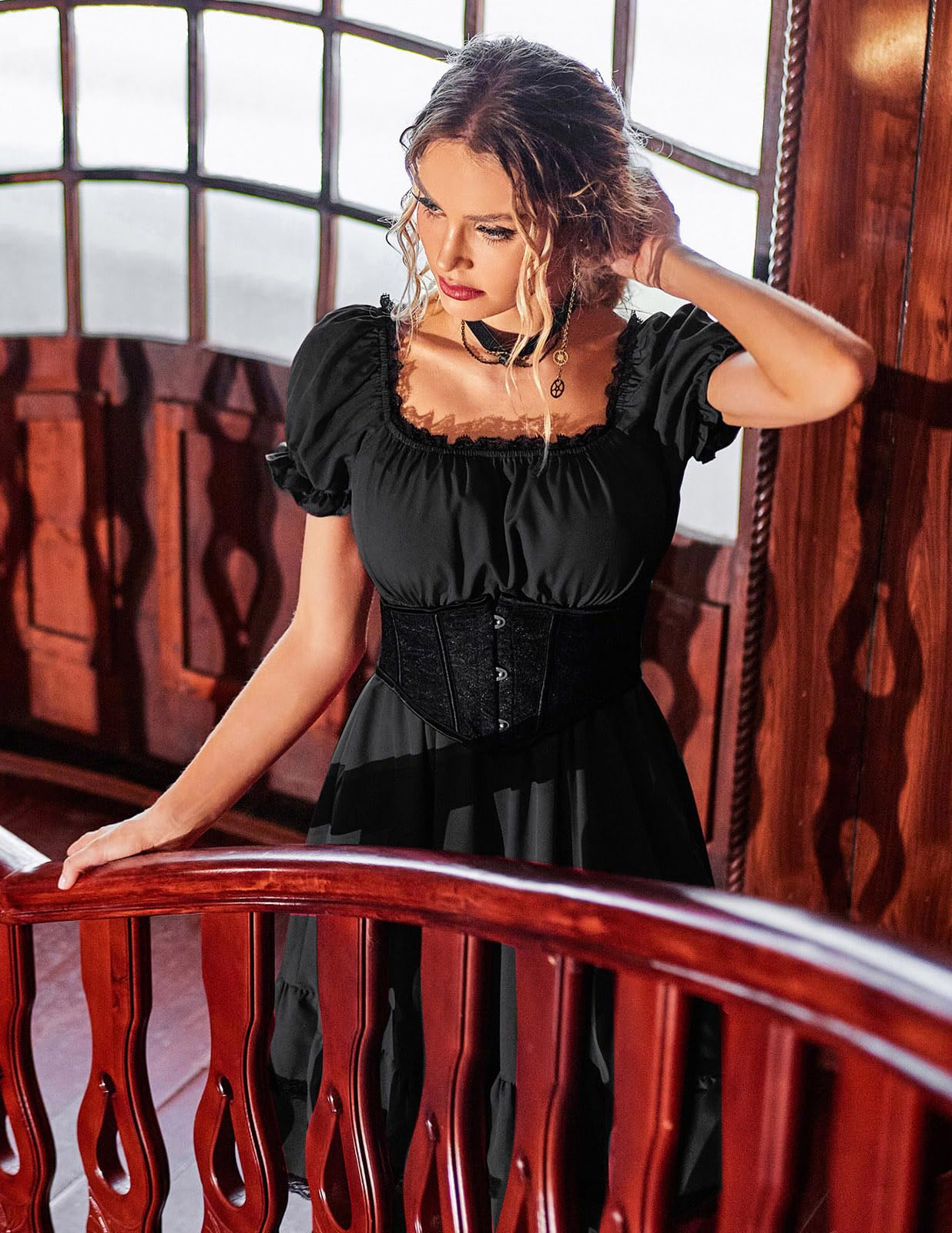 Scarlet Darkness Gothic Victorian Dresses Renaissance Costume Women Midi Dress: Medium Black