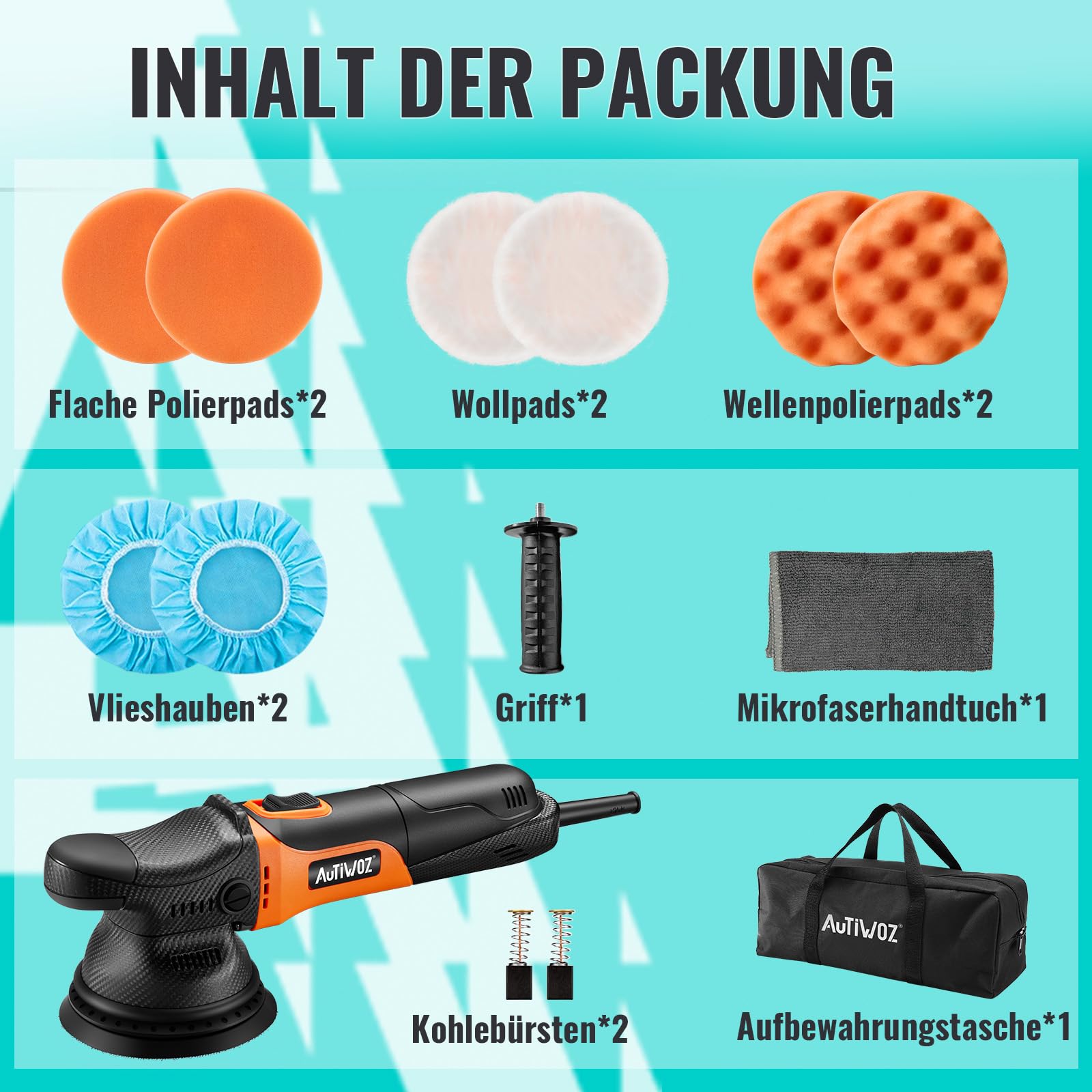 AUTIWOZ W01 125mm Auto Poliermaschine,Kleine Exzenterpolierer,9mm Orbit Politur Set,Polier maschine mit 6 variablen Geschwindigkeiten (2000-6200 U/min),für Autodetailing Polieren und Wachsen