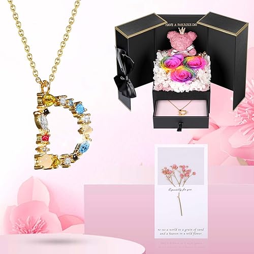Miniatura 6 de ADDWel Regalos románticos para novia  Regalos de rosa preservada para mujeres, cumpleaños, collar con colgante único de inicial A-Z y flores para