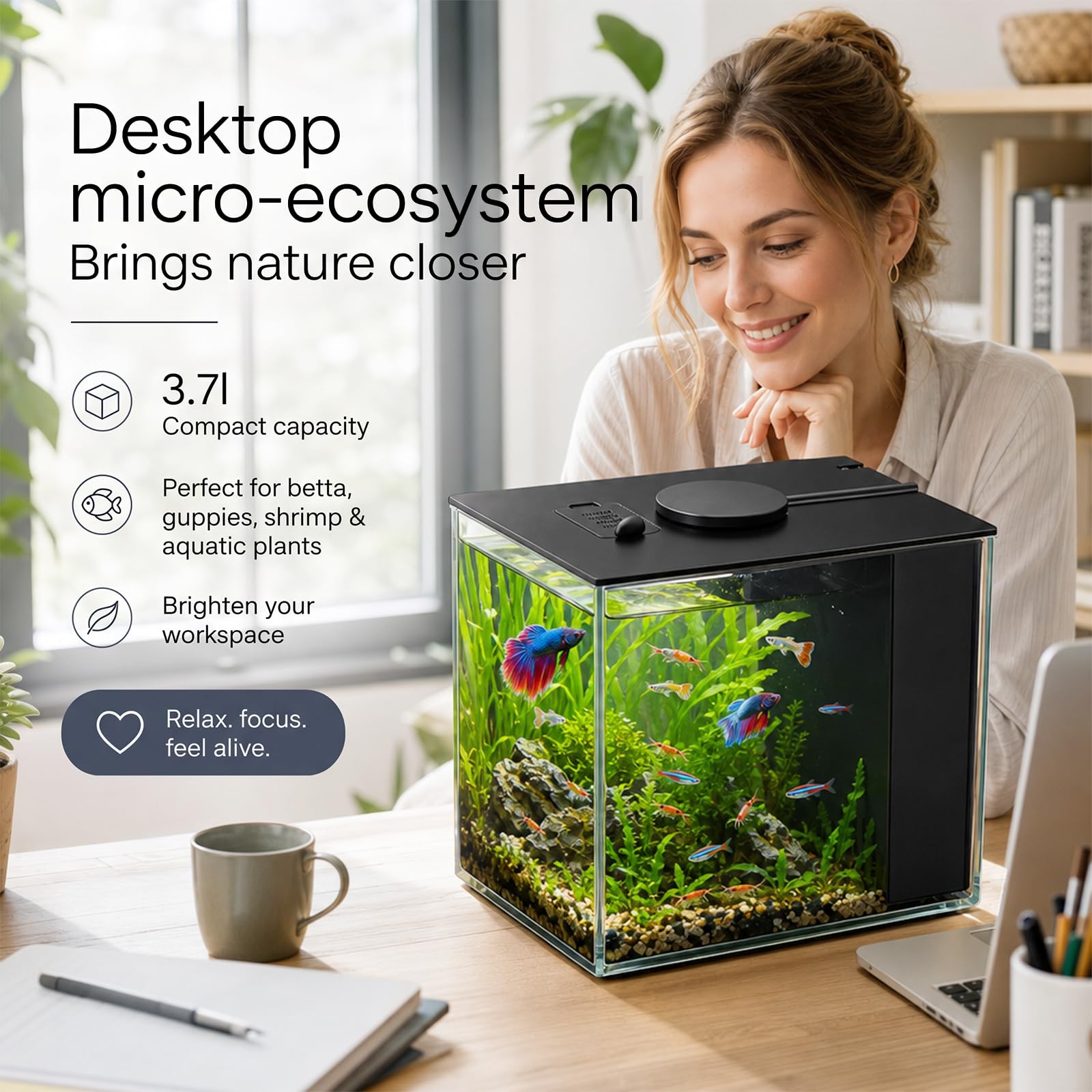 Mini Acuario Acrílico 3,7 L Kit Completo con Luz LED y Bomba de Filtro, Nano Acuario Compacto para Betta, Camarones y Plantas Acuáticas Decoración Interior