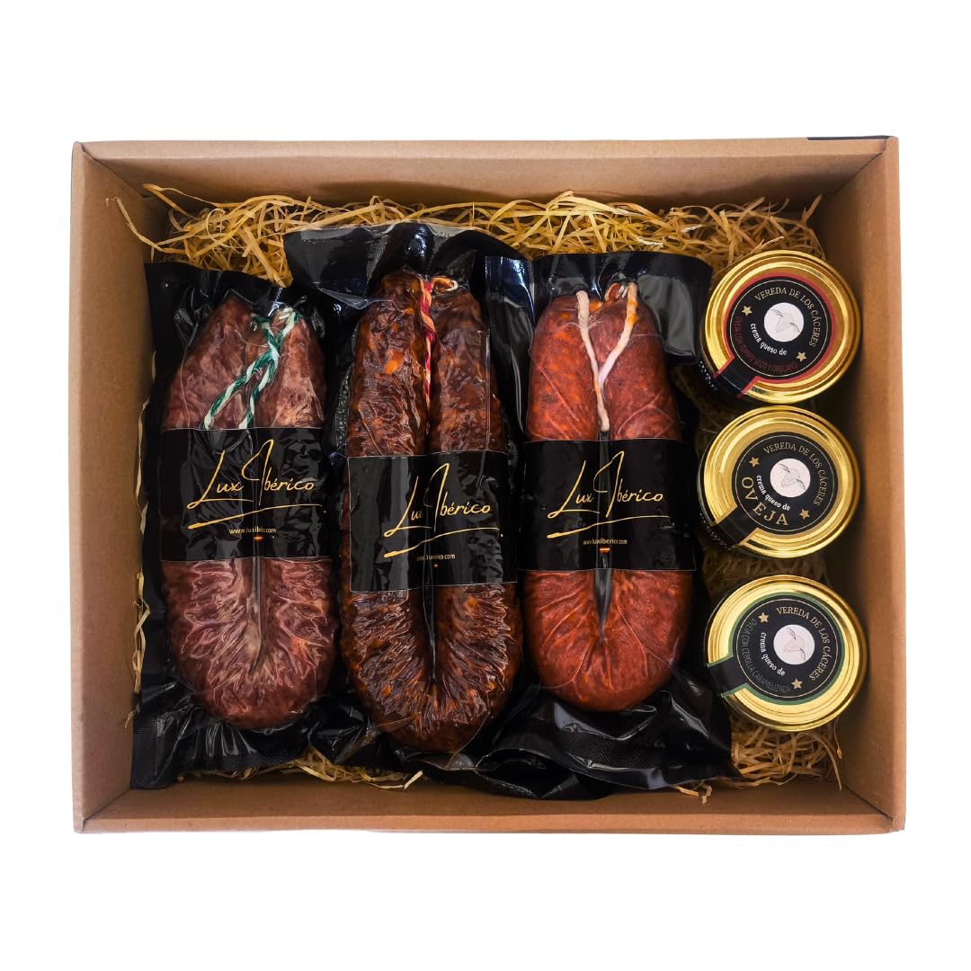 Cesta de Embutidos "Dehessis" - Embutido Ibérico, Morcilla y Queso | Chorizo y salchichón ibérico herradura, morcilla patatera dulce y tres cremas de queso de oveja. Lista para regalar.