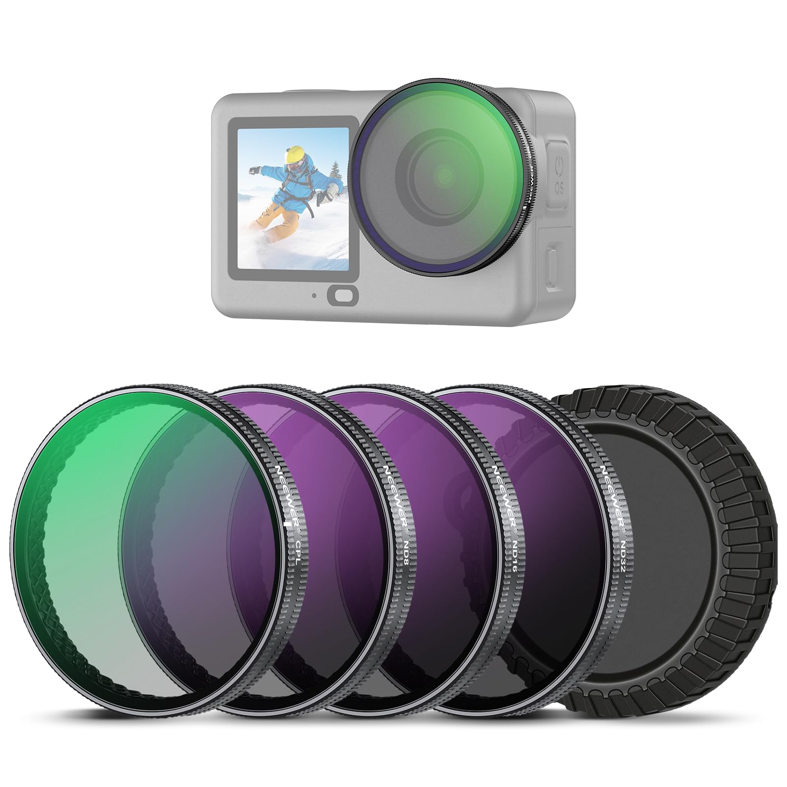 NEEWER CPL ND Filter Set Compatible with DJI Osmo Action 6 Only, Snap On 4 Pack ND8/16/32 Adjustable Circular Polarizing Lens Filters Multicoated Action Camera Photography Accessories with Lens Cap