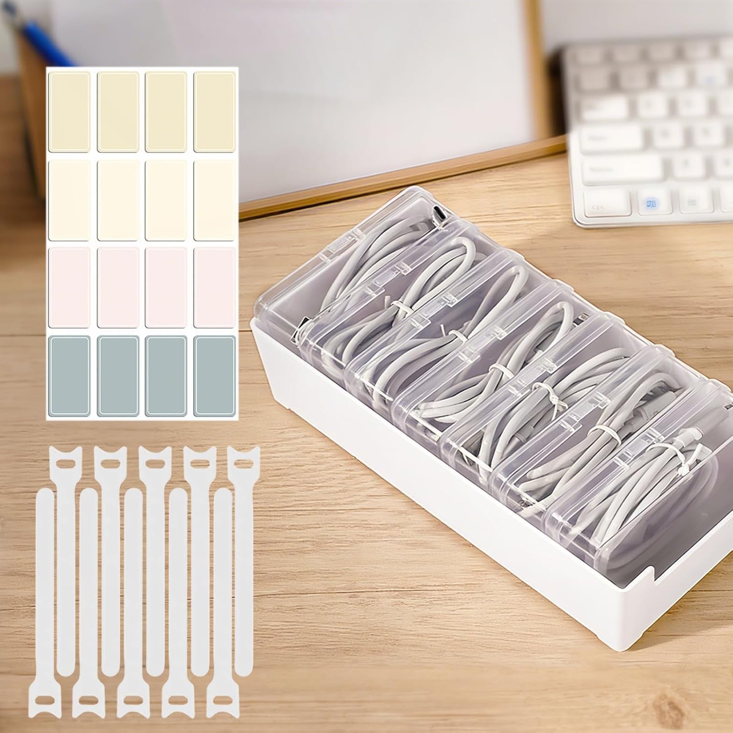 Juego de cajas de almacenamiento con 7 cajas transparentes y 10 bridas para cables y 16 etiquetas, organizadores de cables para cables, caja