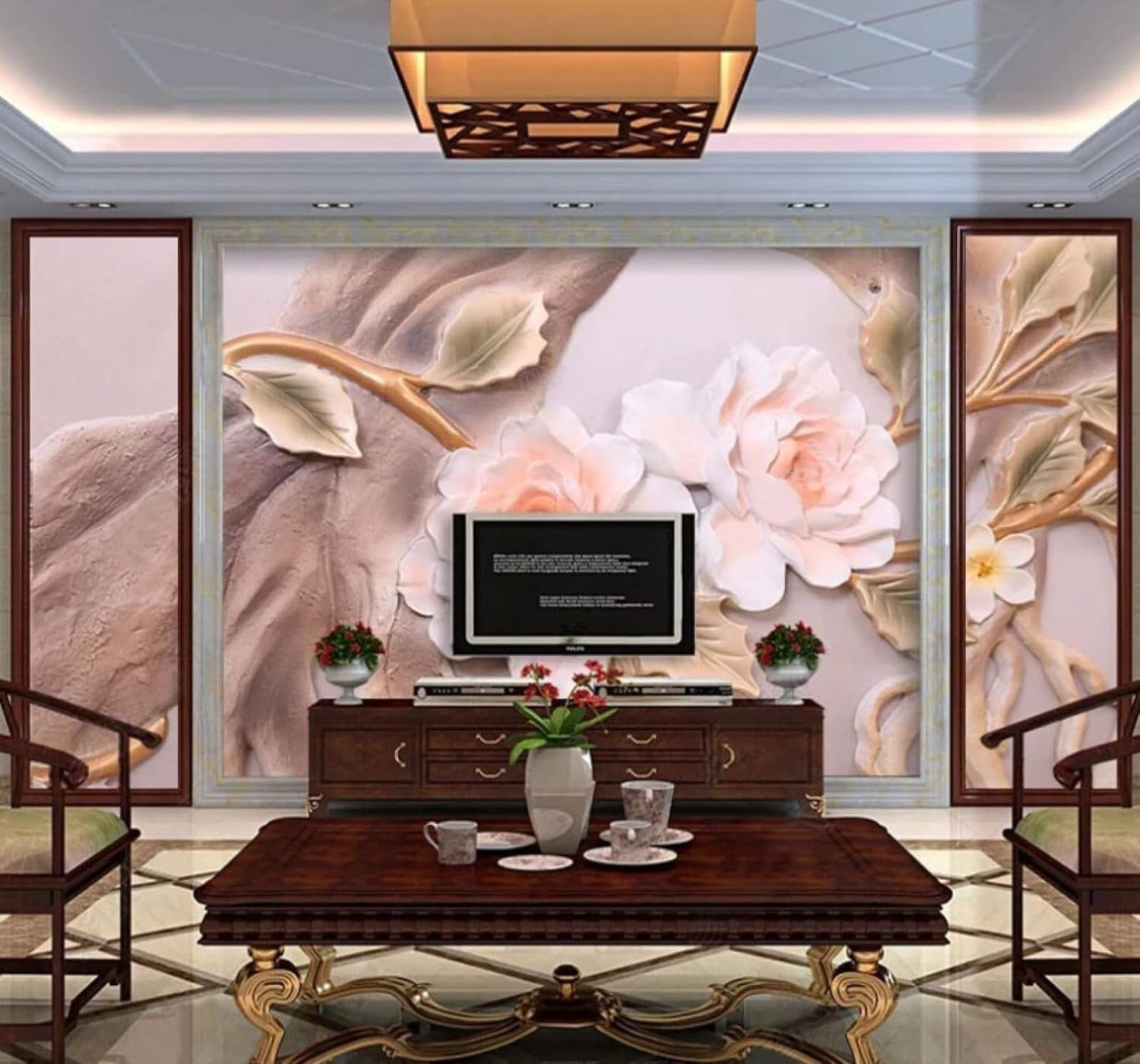 XLMING Embossed Three Dimensional Pink Flowers Trees 3D Wallpaper Luxury Silk Study Dining Feature Sofa Grey Bedroom Living Room Tv Decorative Wall-200cm×140cm