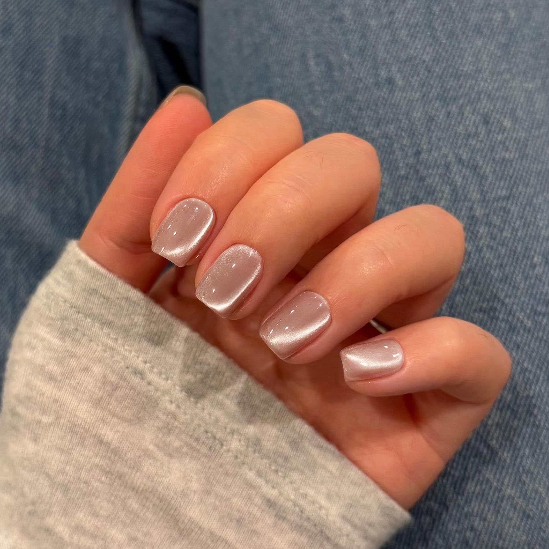 KQueenest Cat Eye Press on Nails Short Square, Glazed Glitter Nude False Nails Short Coffin