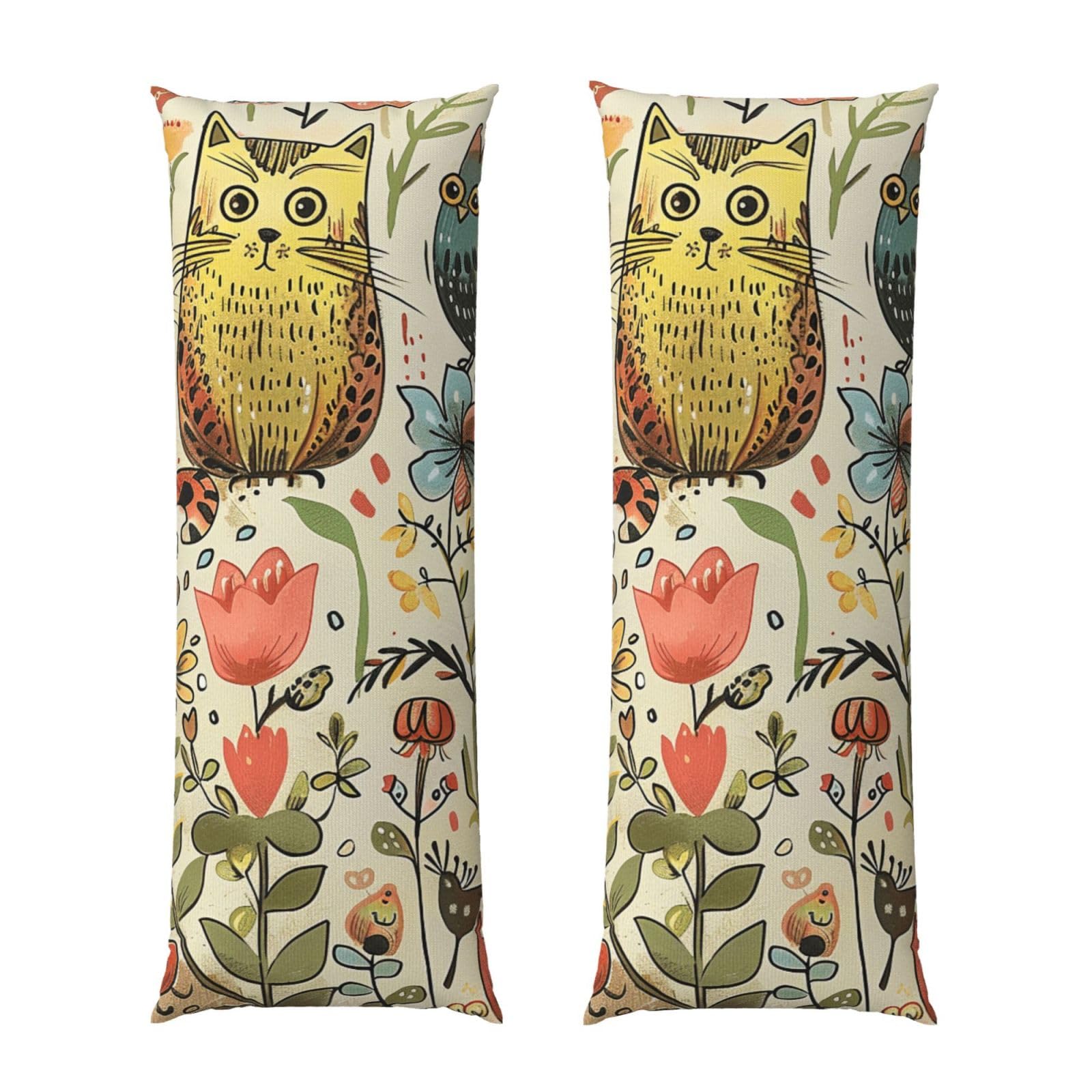 Body Pillow Cover 20x54 Inch, Funny Cats Birds and Flowers Print Long Lumbar Pillow Case with Zipper Long Body Pillowcase Decorative for Bed Sofa Bedroom