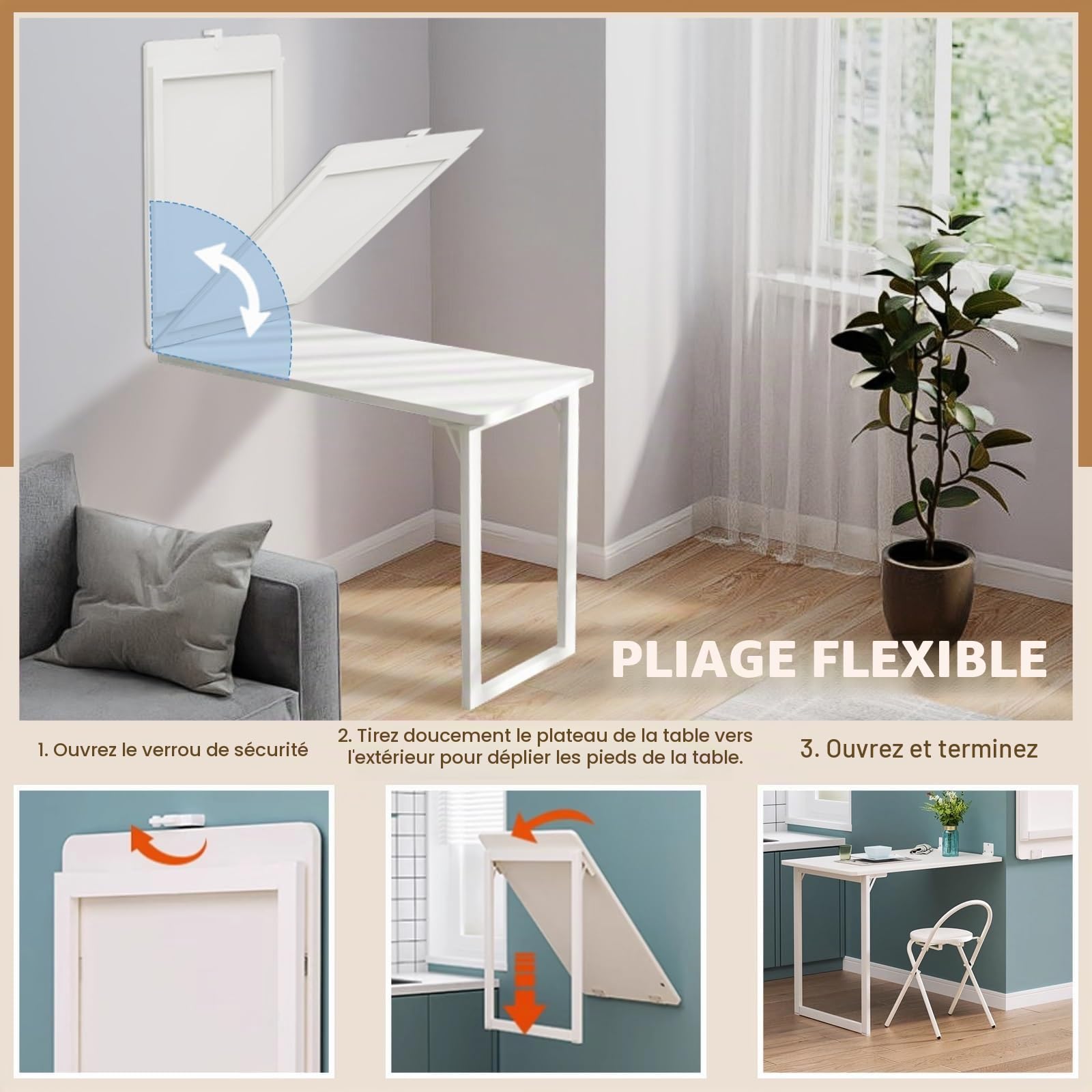 Table murale pliable 90 x 60 cm – Table de salle à manger peu encombrante pour petites cuisines, polyvalente et pratique, parfaite pour les espaces de vie Cact