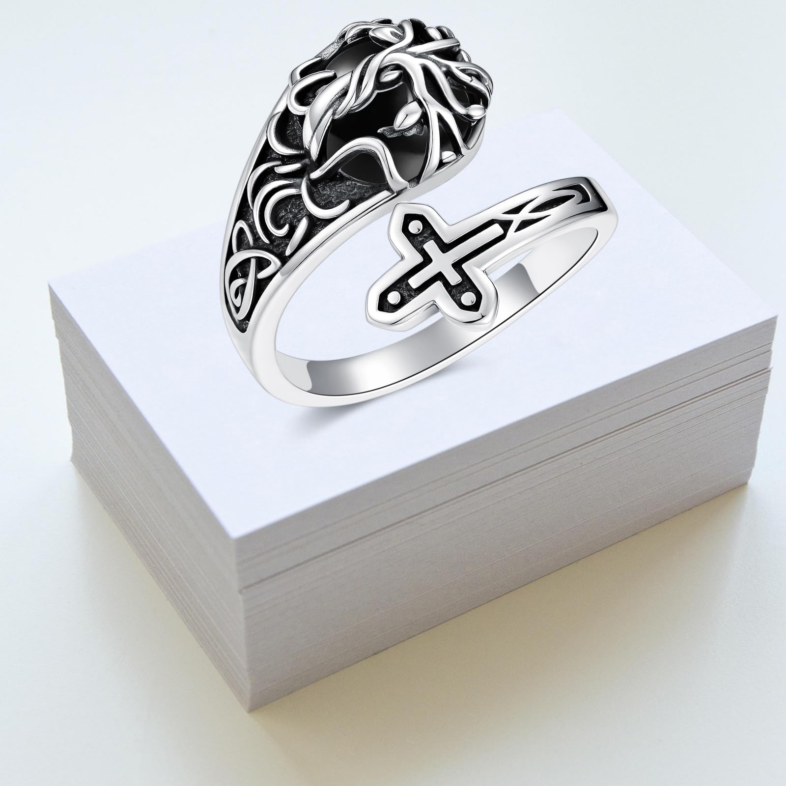 ROMANTICWORK Ring Verstellbar Daumenring Damen 925 Sterling Silber Lebensbaum Kreuz Verstellbare Ringe Opal/Türkis/Moosachat/Mondstein Ring Schmuck Geschenke für Damen