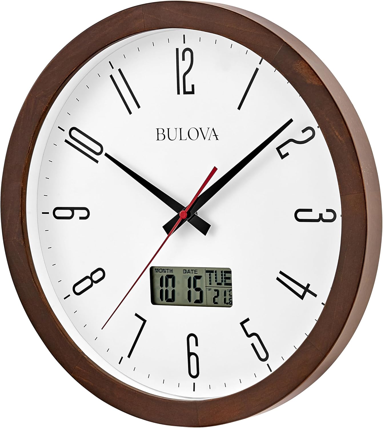Bulova Clocks C5007 Dateline 14” Atomic Wall Clock – Espresso Pine Wood Case, Glass Lens, Dual Time with LCD Second Time Zone/Temperature Display, Radio-Controlled Accuracy