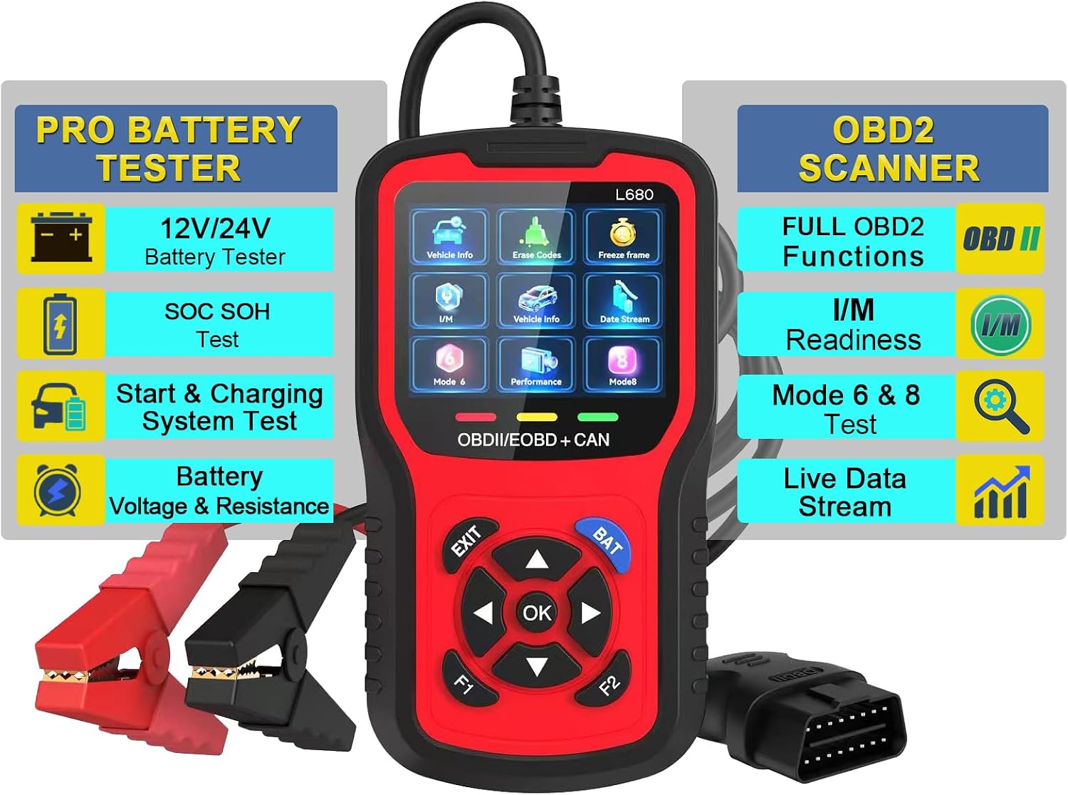 2-in-1 OBD2 Scanner with Battery Tester: 1S Read & Clear Check Engine Codes + Test Battery in 3 Mins - DIY Car Diagnostic Tool with Cold Cranking Amps for Pre-Trip Safety on 1996+ Vehicles
