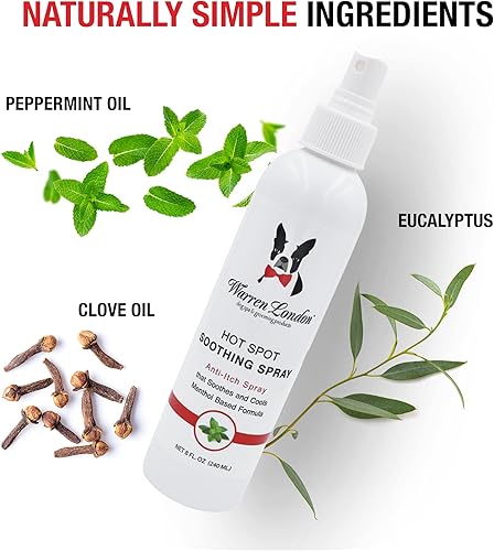 Miniatura 3 de Warren London Spray calmante para puntos calientes para perros, espray refrescante antipicazón con mentol, fabricado en Estados Unidos, 8 onzas