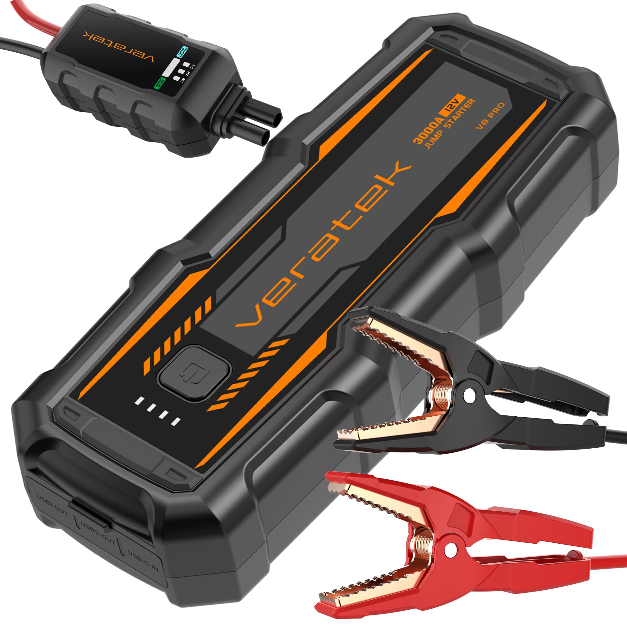ReelCharge - Veratek V8 Pro 3000A Car Battery Jump Starter Portable (8.0L Gas & 6.0L Diesel) – 12V Lithium Battery Booster Pack with SmartCharge