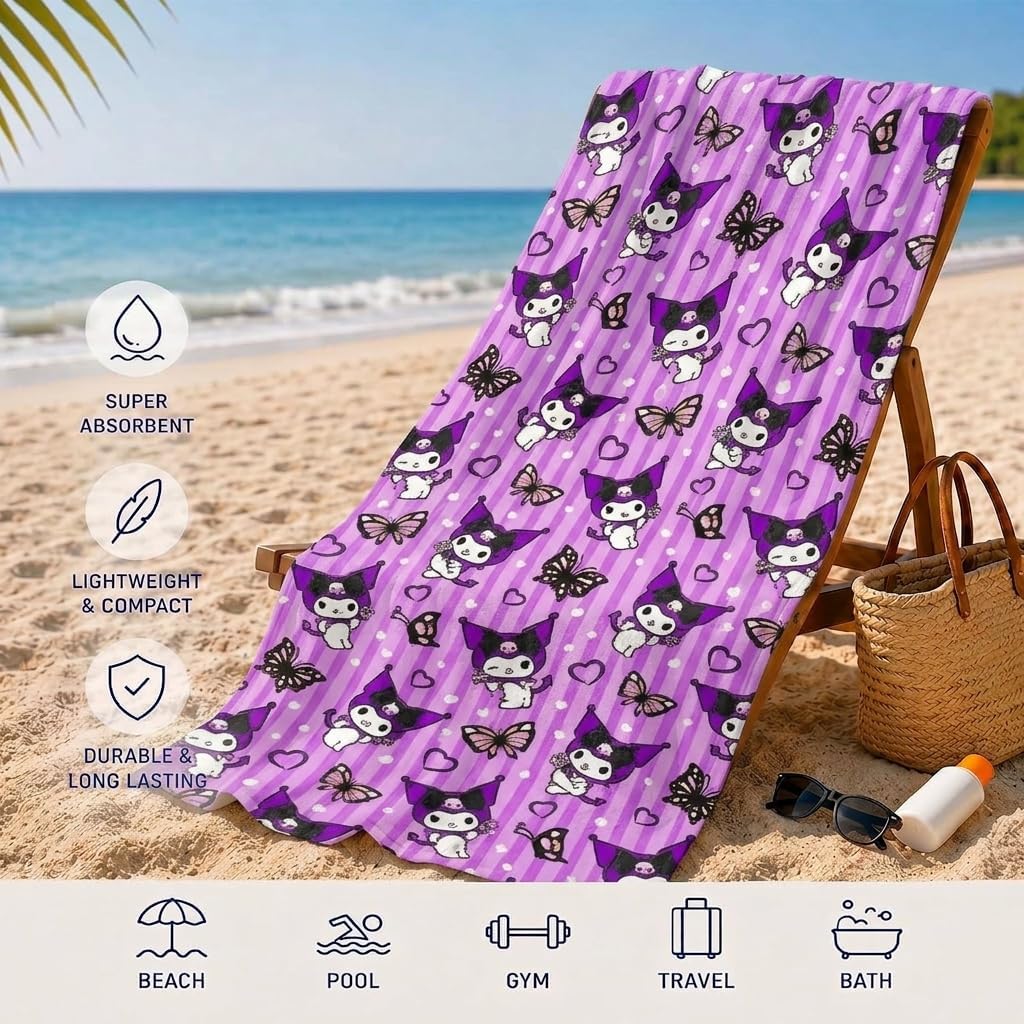 SANRIO Kuromi Beach Towel and Tote Bag Set - Bundle with a Microfiber Pool Towel, Hello Kitty and Friends Bag, Stickers, More | Towel for Kids and Adults image 3
