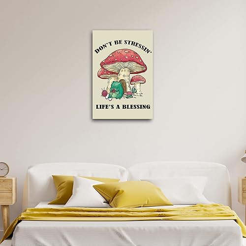 Miniatura 4 de EFQIFRGO Lienzo decorativo con cita positiva de hongos y rana divertida Don't Be Stressin' Life's A Blessing para dormitorio, baño, sin marco, 12 x