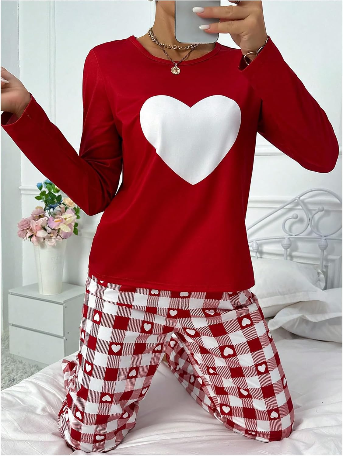 Women's 2 Piece Pajama Sets Heart Plaid Graphic T Shirt and Pants Sleepwear Lounge Set - Image 5