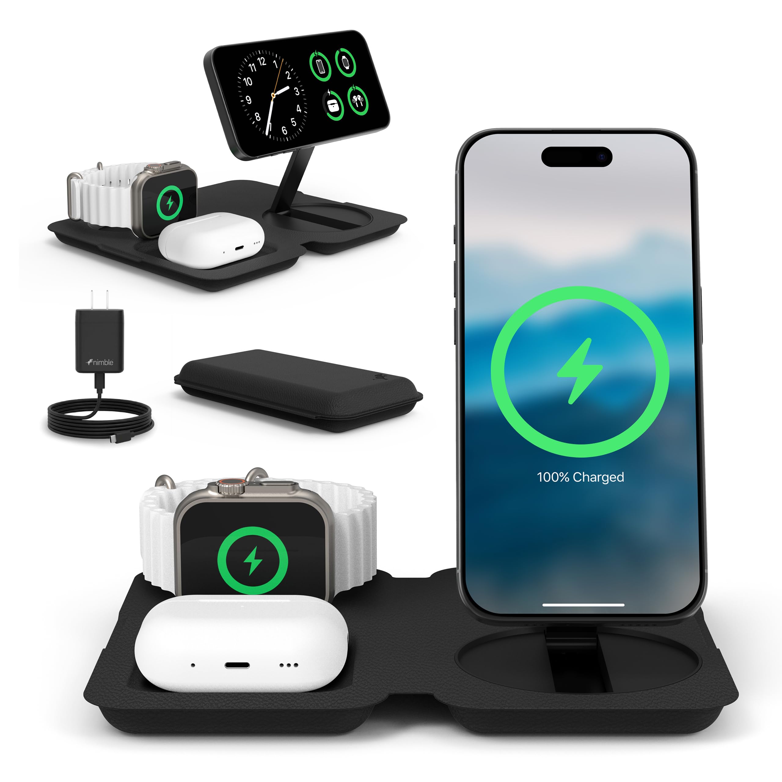 Nimble Stazione di ricarica wireless pieghevole 3 in 1 per iPhone e AirPods, supporto di ricarica Qi2 da 15 W compatibile con MagSafe, dock di ricarica wireless per iPhone 17/16/15/14/13/12
