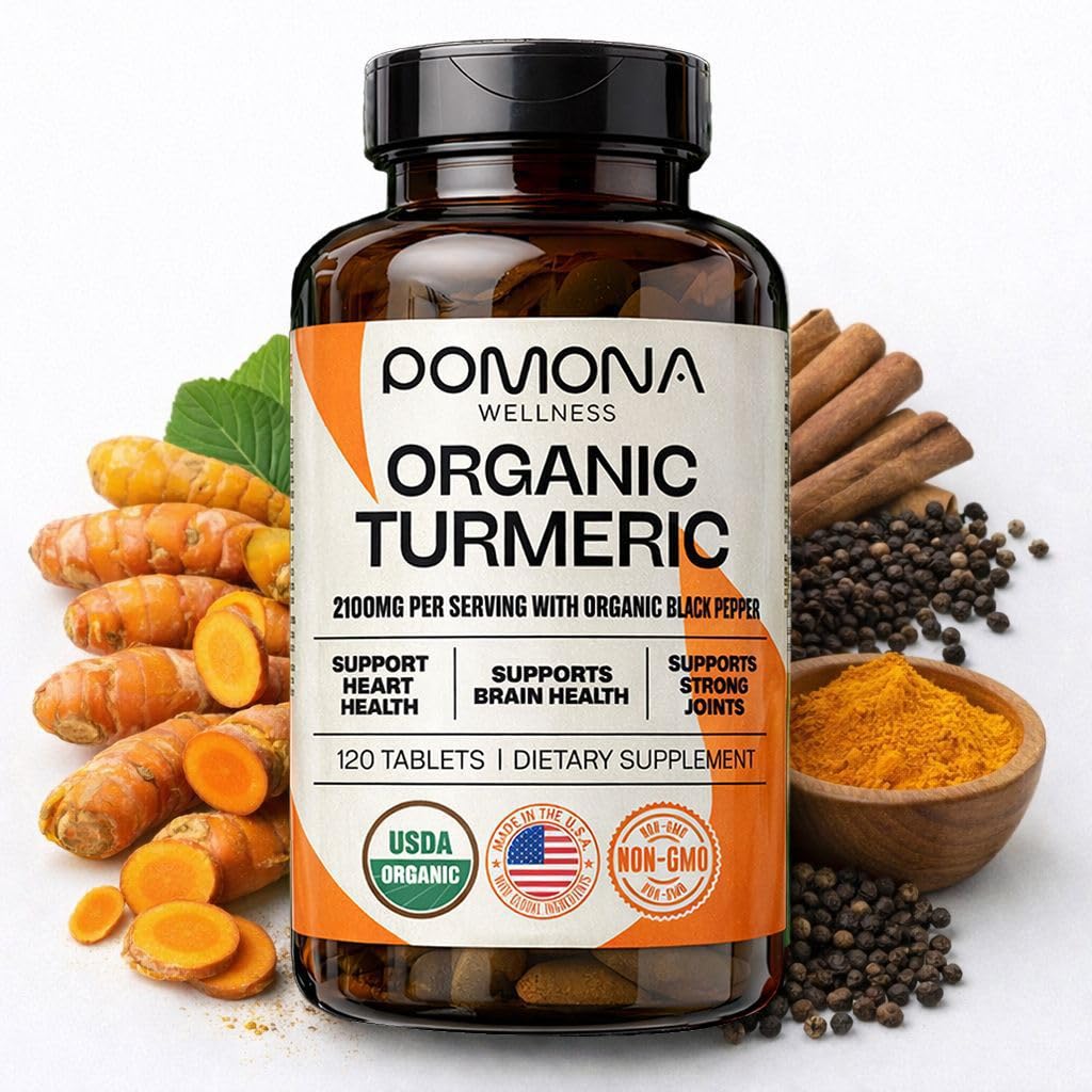 Pomona Wellness Organic Turmeric Supplement 2100 mg, USDA Organic, Non-GMO, Vegan, Turmeric Curcumin with Black Pepper for Absorption, for Joint Support and Immunity, 120 Tablets