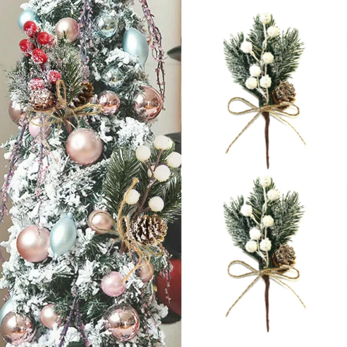 Sztuczna girlanda z gałęzi, Sztuczne jagody świąteczne, szyszki, gałązki ostrokrzewu, białe, 20-22 cm, 8 szt