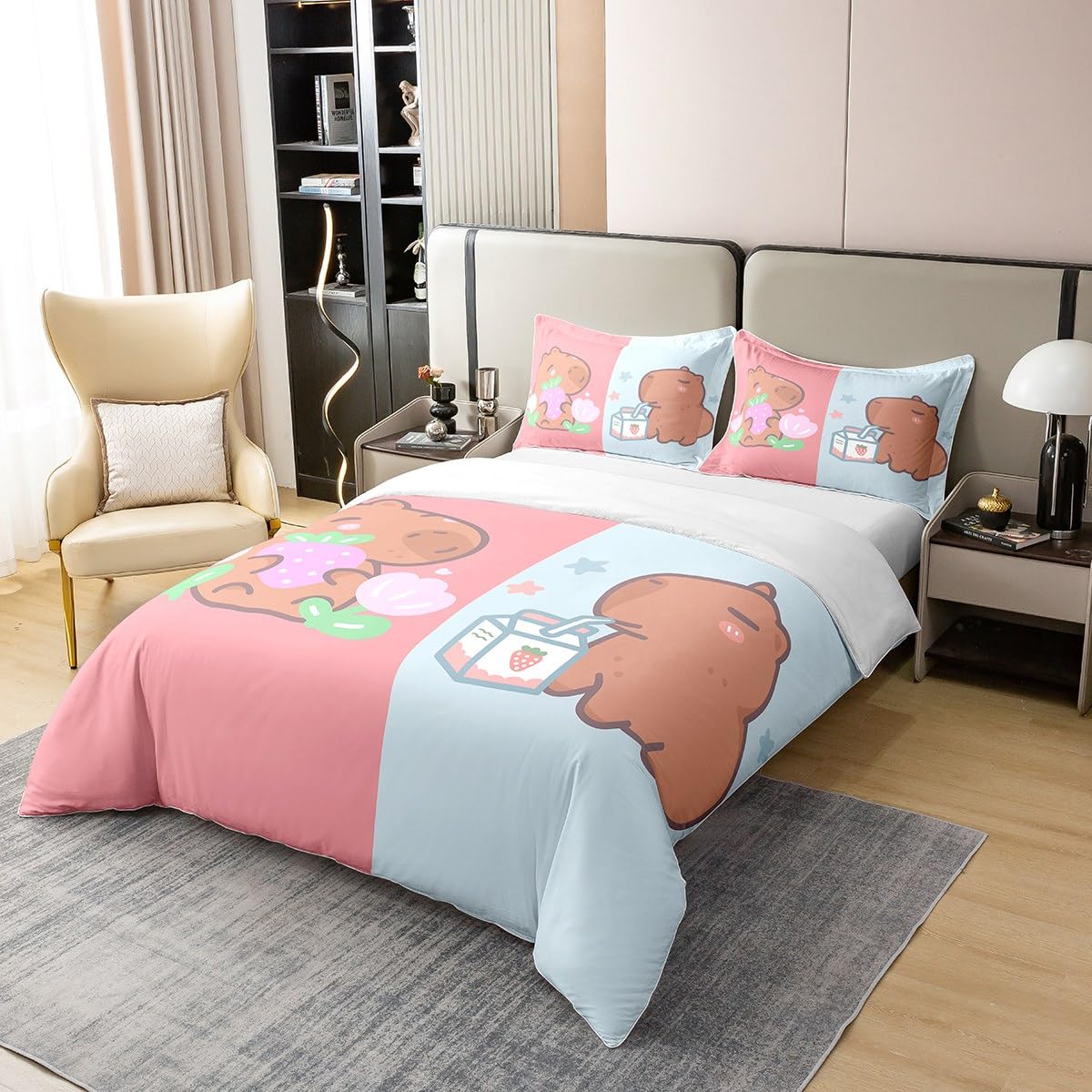 Homewish Kids Capybara 100% Cotton Duvet Cover Double,Kawaii Capybaras Comforter Cover,Cute Capybara Stuffed Animal Bedding Set,Cartoon Style Soft Breathable Quilt Cover Bedroom Decor,Pink Blue - Image 3