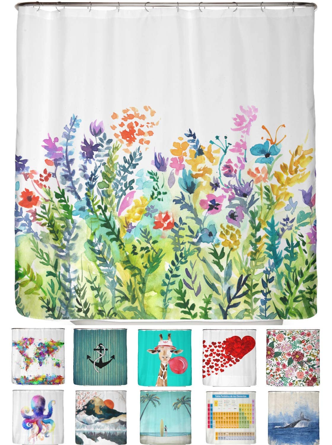 Shower Curtain 180 x 200 – Anti-Mildew Fabric, Waterproof, Washable and Opaque with Weighted Hem and Rings (Colourful Flowers) OEKO-TEX STANDARD 100