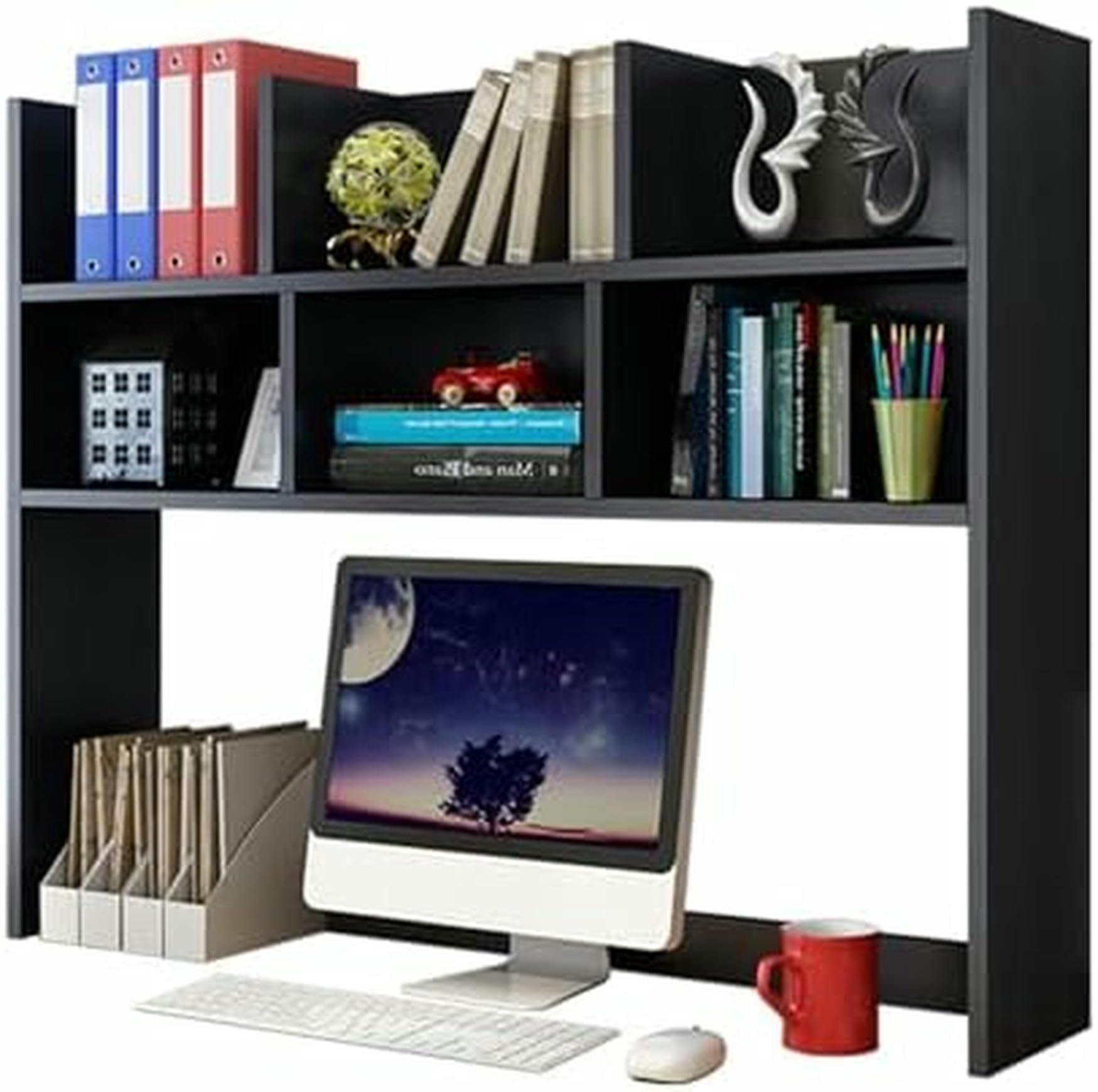 CWCQGH 2-Tier Desk Hutch for Dorm, Desktop Bookshelf Organizer, Slim Storage Rack, Multipurpose Home Office Display, Countertop Bookshelf for Small Spaces,Black-70cm/27.5in