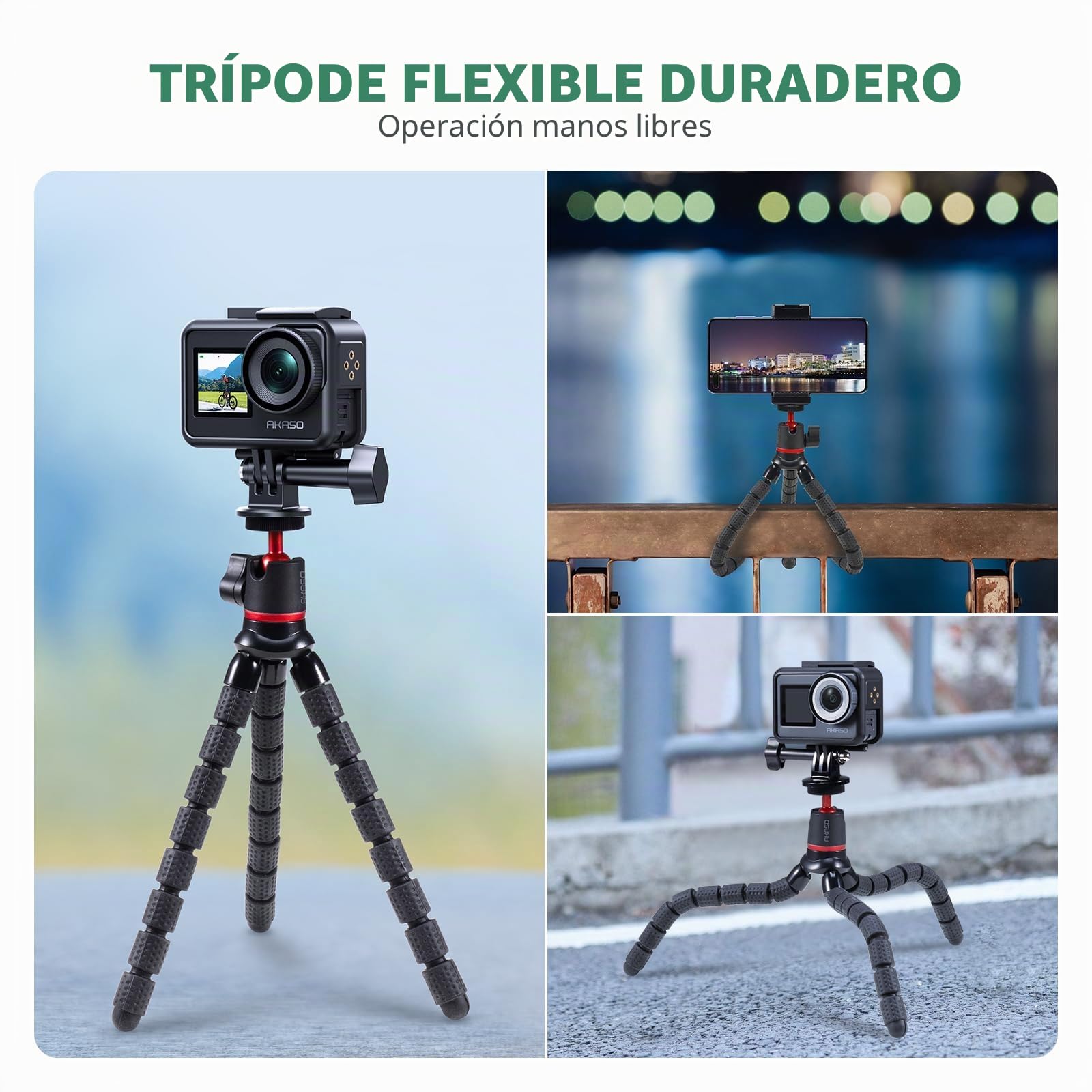 AKASO Trípode flexible para cámara de acción, mini trípode portátil con clip universal, rotación de 360°, soporte de mesa multifuncional compatible con GoPro, DJI, Insta360, AKASO