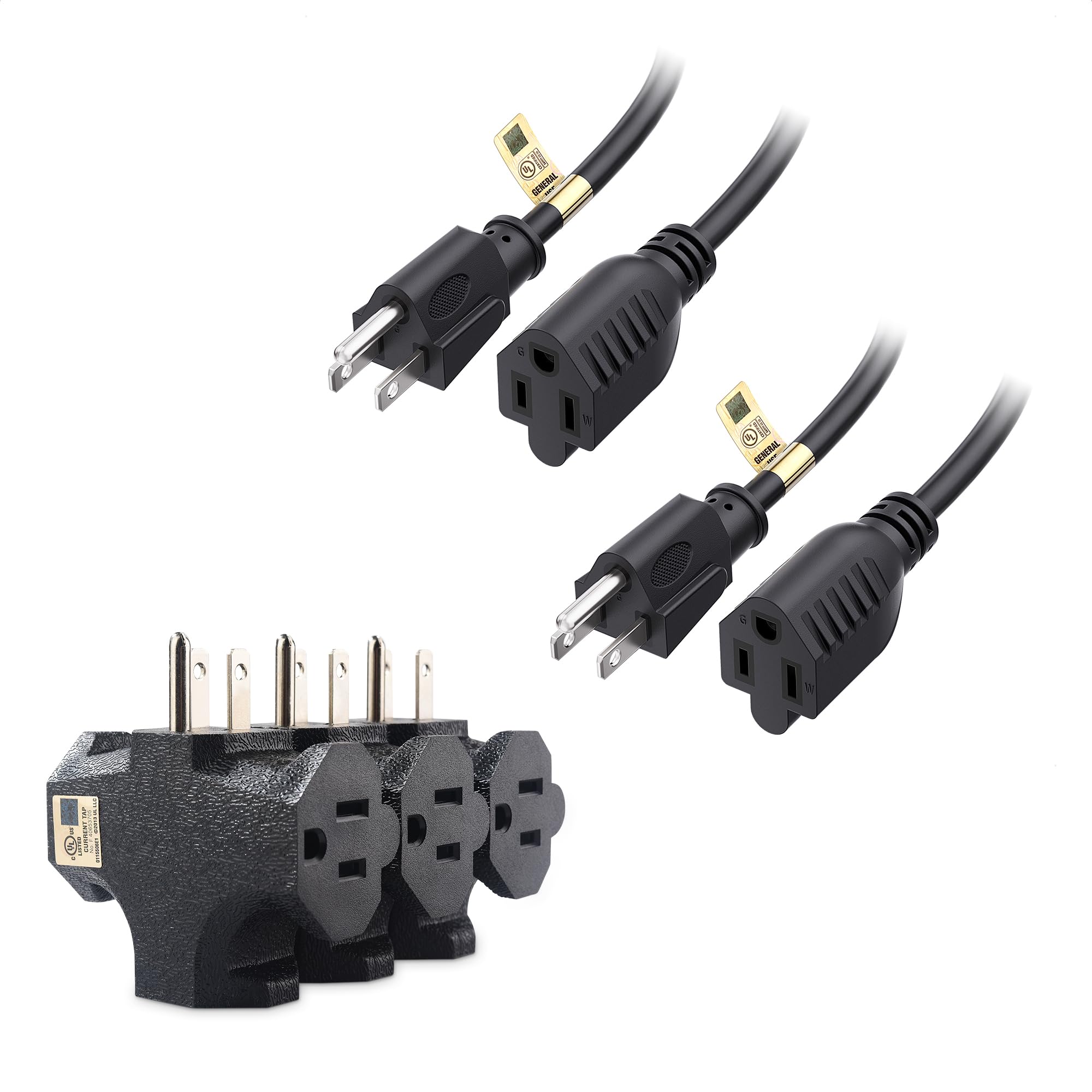 Cable Matters 3-Pack T-Shaped 3-Outlet Grounded Wall Tap in Black & 2-Pack 16 AWG Heavy Duty Power Extension Cord 10 ft, UL Listed (NEMA 5-15P to NEMA 5-15R)