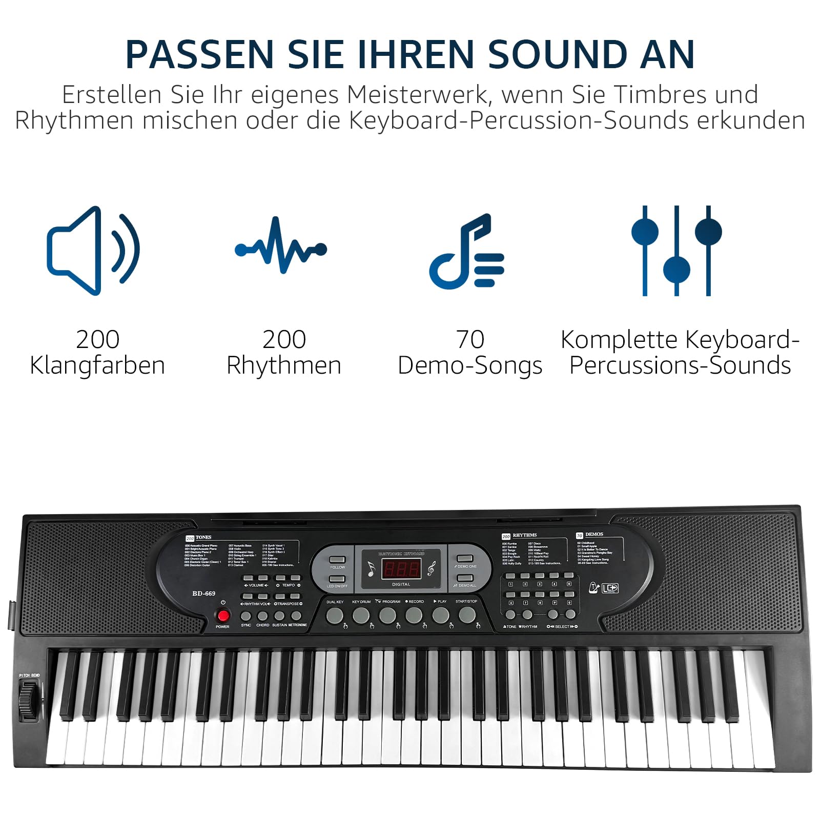 Keyboard Piano 61 Tasten mit Leuchttasten, E Piano für Anfänger, Digitalpiano mit Klavierhocker, Keyboardständer, Notenständer, Mikrofon, mit USB, MIC, AUX & Kopfhörer Anschluss, 3 Lernmodi
