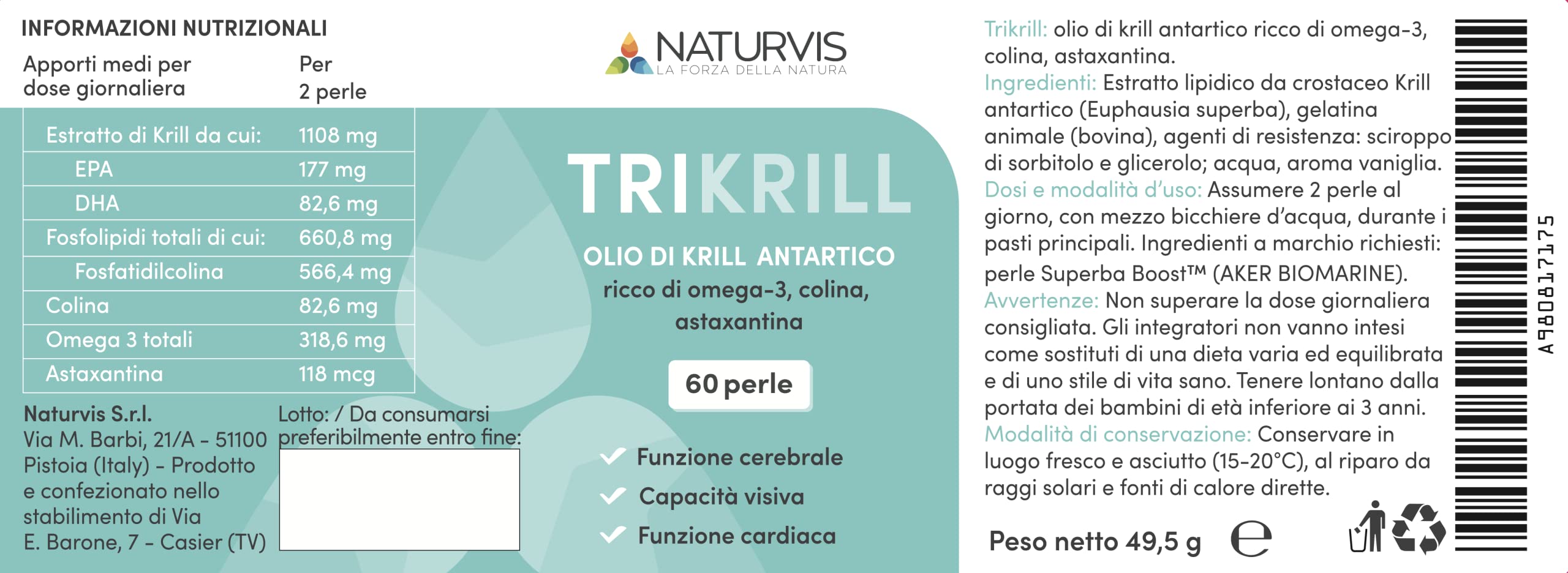 TRIKRILL© - Olio di Krill antartico da pesca sostenibile certificata; ricco di omega 3: 260mg di EPA e DHA; 82,6 mg di colina, 660,8 mg di fosfolipidi e 118 mcg di astaxantina (60 perle)