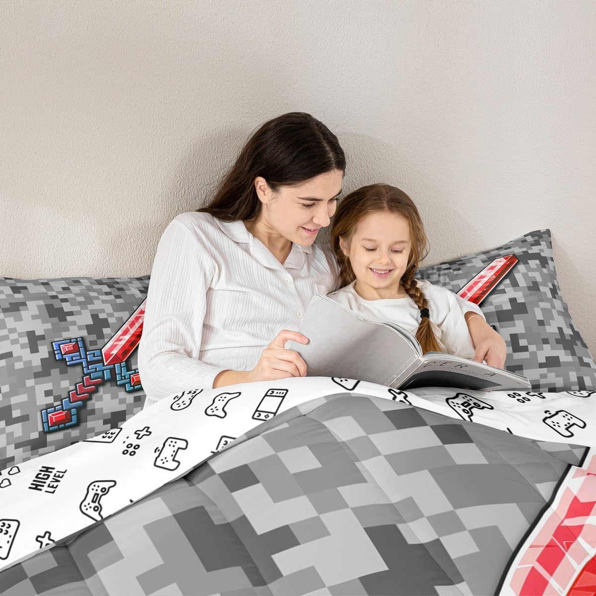 Castle Fairy Red Blue Sword Comforter Set Queen Size,Geometric Grey Grid Bedding Set 3Pcs for Kids Teens Adults Room Decor,Miner Theme Duvet Insert Pixel Video Games Quilted Duvet Sets,2 Pillowcases