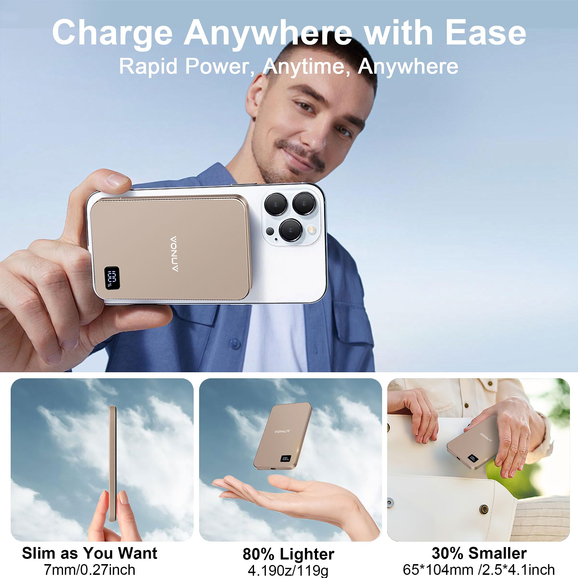 Cargador portátil magnético de 5000 mAh, cargador portátil inalámbrico ultra delgado de 15 W, carga rápida para iPhone 16/15/14/13/12 Pro/Pro Max/Plus, carcasa de metal, cable USB-C para cargar