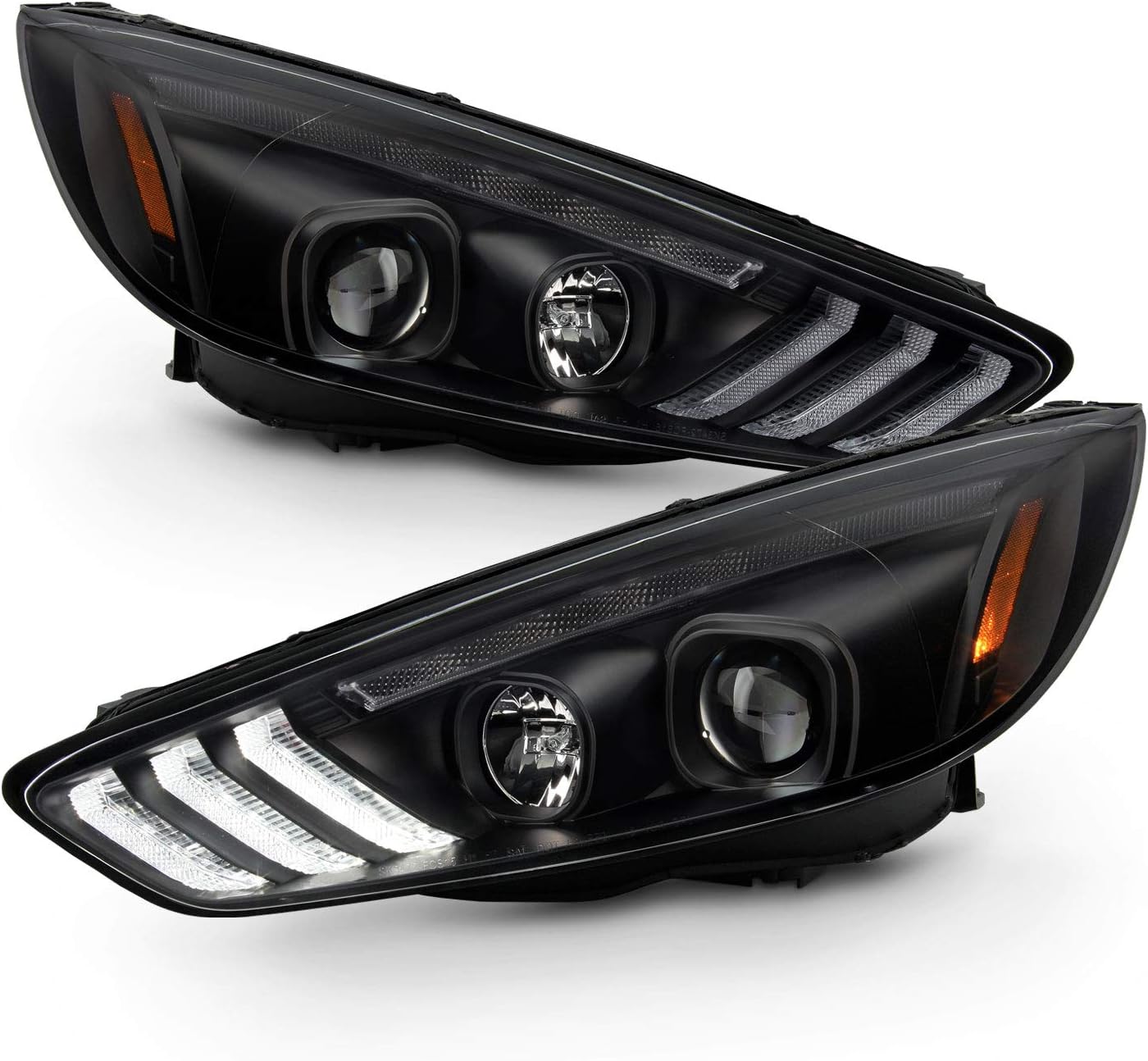AKKON - Fits 15-18 Ford Focus S | SE | ST | Titanium [Halogen Type] LED DRL Black Projector Headlights + Sequential Turn Signal