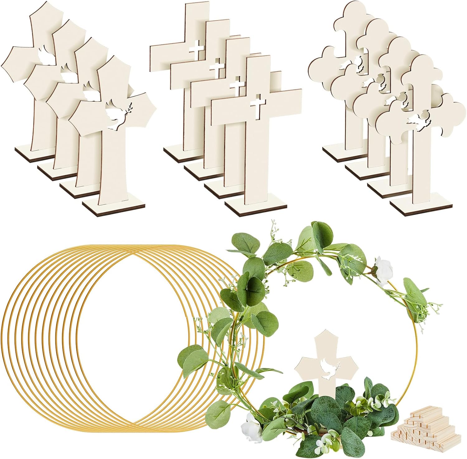 24 centros de mesa de bautismo para mesas, 12 cruces de madera para manualidades, 12 centros de mesa de aro floral de metal con soporte, centros de
