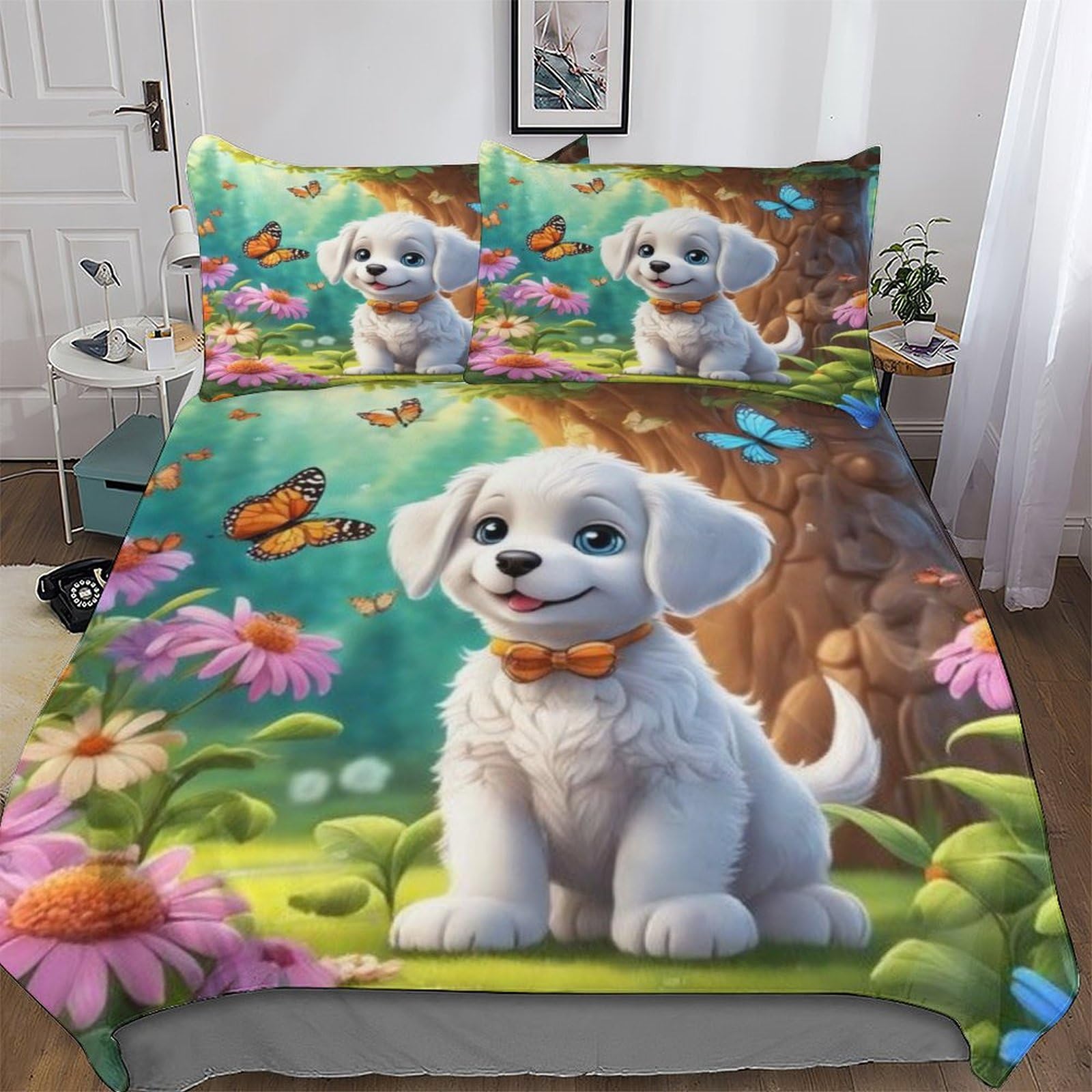 Housse de couette chien 200x200cm avec taies parure lit 3 pièces