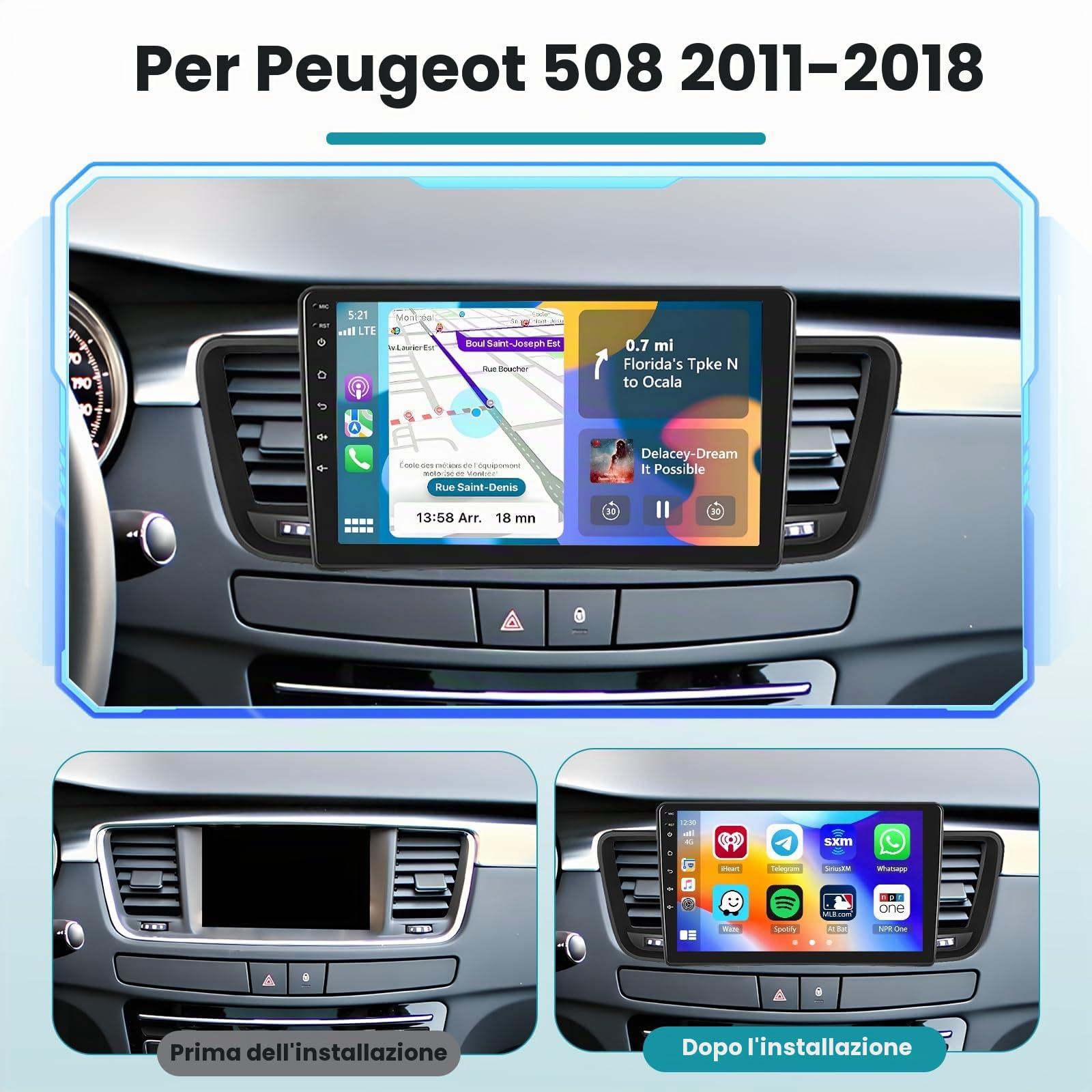 Roinvou 2+64G Schermo Radio per Peugeot 508 2011-2018 Wireless CarPlay Android Auto, Android Autoradio 9 Pollici Stereo Auto con Wi-Fi GPS Bluetooth EQ FM/RDS SWC Telecamera Posteriore