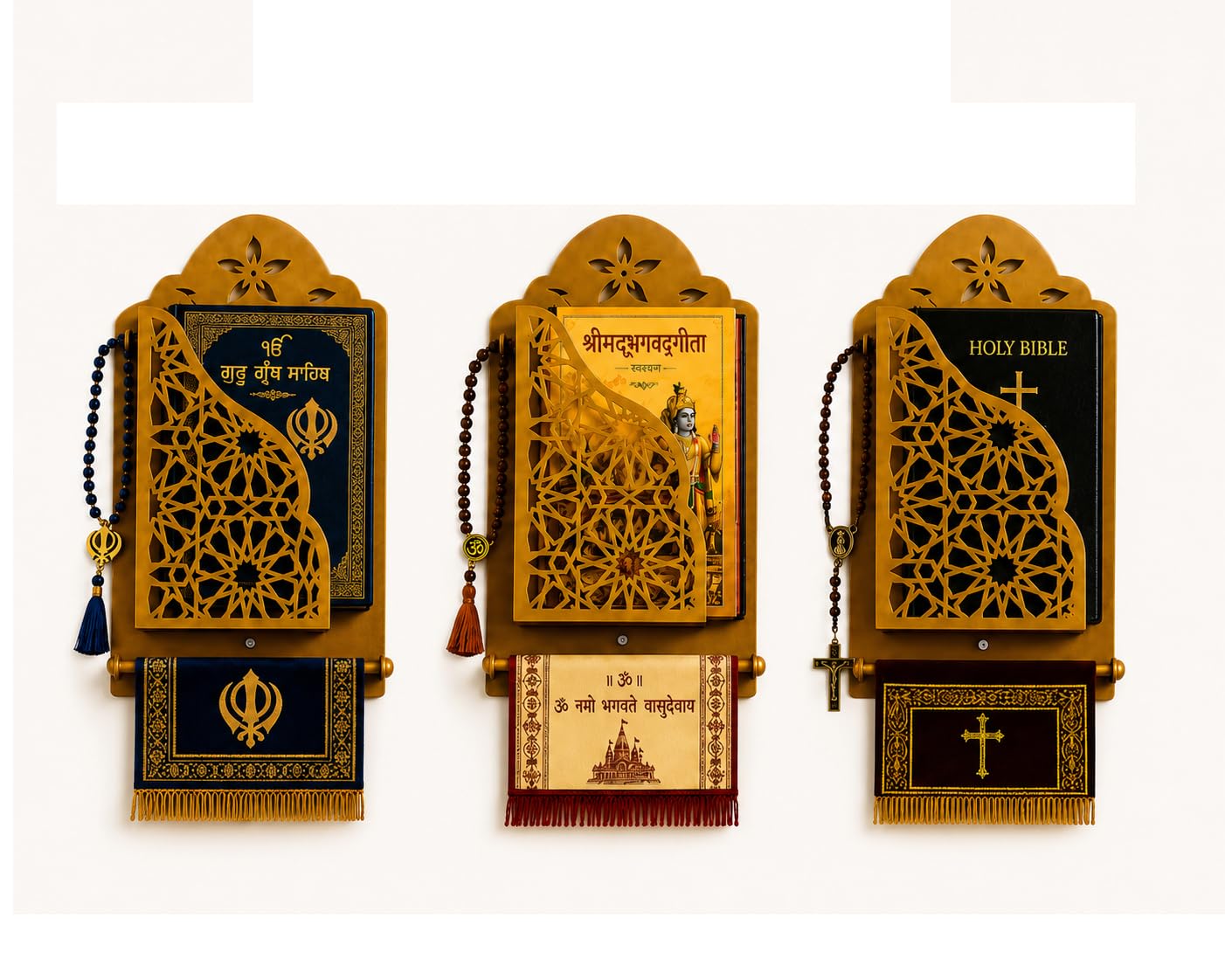 Universal Metal Religious Book Holder for Wall | Holy Book Stand for Bhagavad Gita, Bible & Guru Granth Sahib | Decorative Prayer Shelf with Cloth & Beads Holder | Golden-image-19