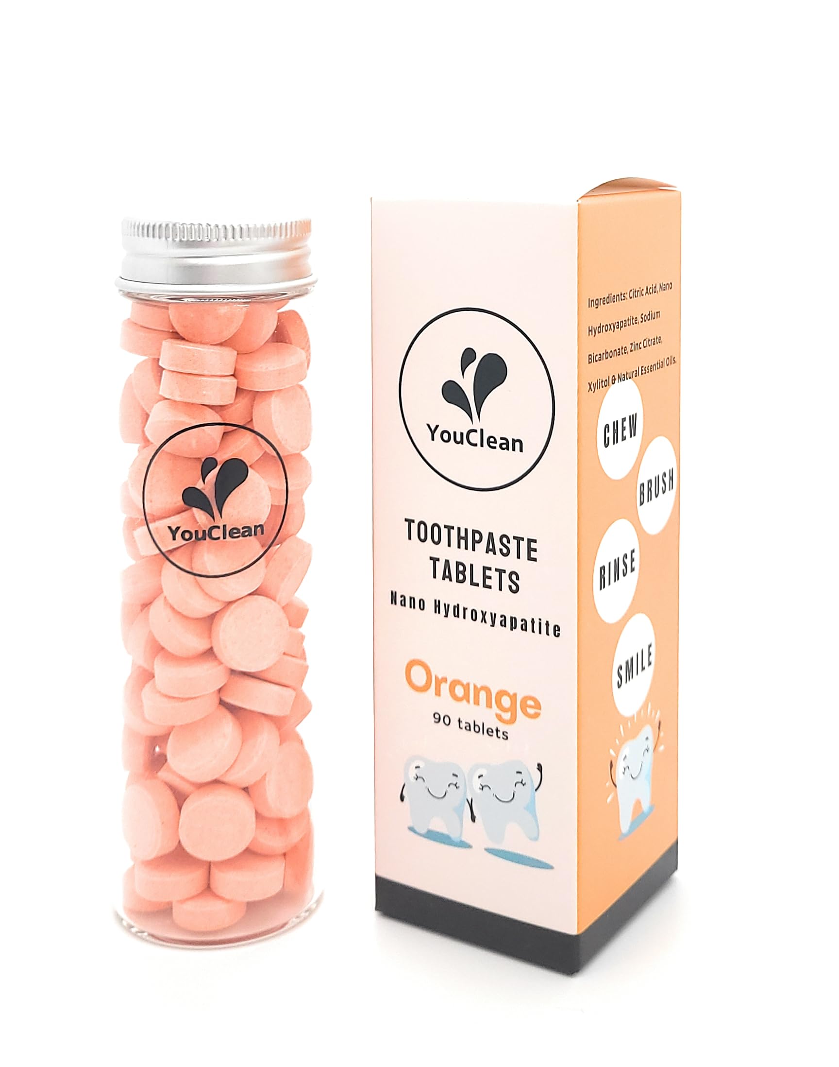 YouClean 90 Toothpaste Tablets in Refill/Recycle Glass Tube - for Travel and Daily Home Office Use - Nano Hydroxyapatite, Fluoride-Free, Vegan (Orange90)