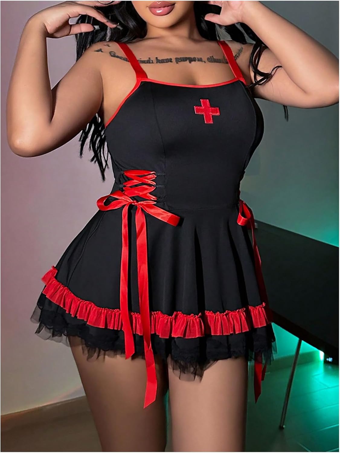 RoseSeek Women's Plus Size 2 Piece Nurse Costumes Sets Color Block Lace Lingerie Dress Roleplay Lingerie Sets