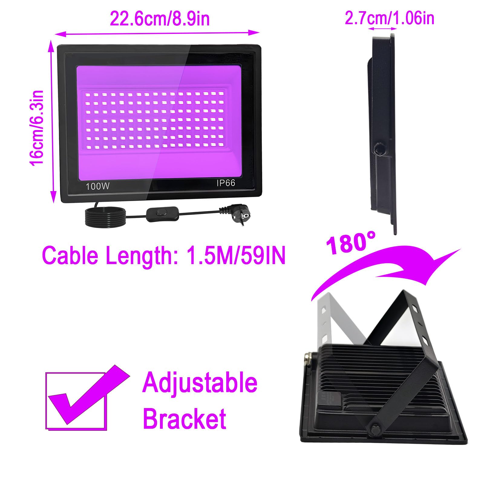300W UV LED Blacklight, IP66 Waterdicht UV Schijnwerper, 395-400nm LED Black Light, Blacklight Led Met Schakelaar voor Halloween, lichaamsbeschildering, Podiumverlichting, Feestaccessoires