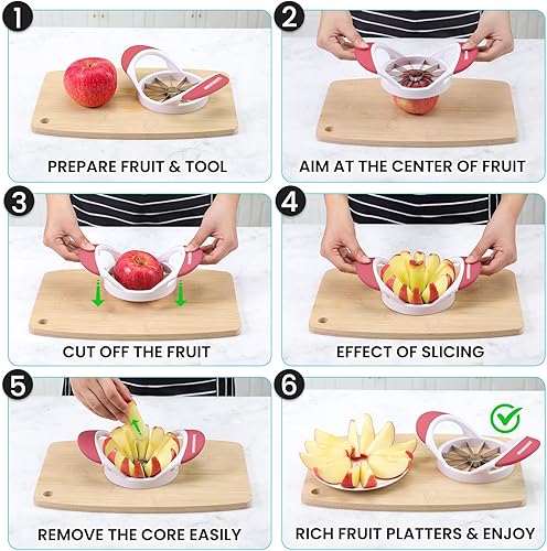 Vista 20 de SCHVUBENR Cortador de manzana grande de 4.72 pulgadas con 12 cuchillas, cortador profesional de manzana, descorazonador de manzana de acero Rojo