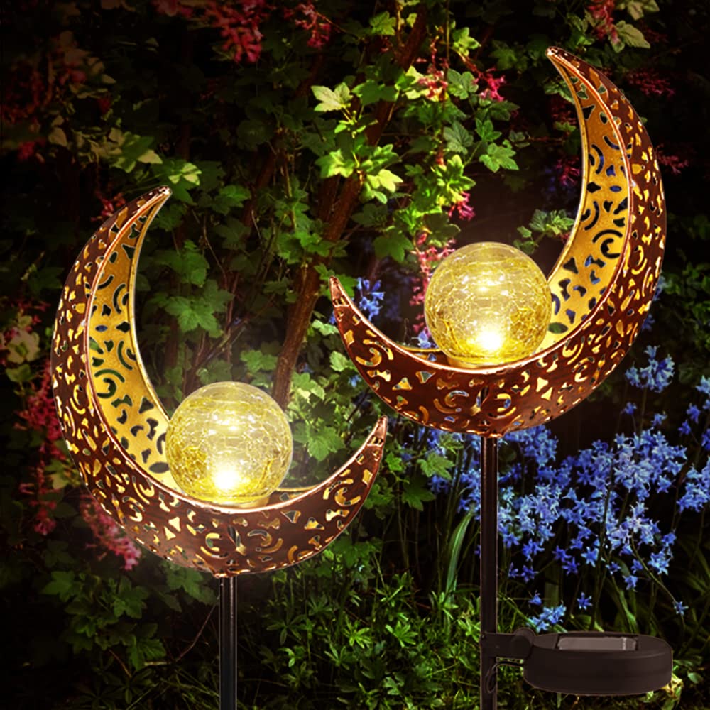 Sworway 2 Pack Solar Moon Light, Outdoor Solar Lanterns, Solar Garden Lights, Patio Decor Metal Yard Art Garden Accessories, Outdoor Decorations for Porch,Yard, Lawn, Patio, Courtyard