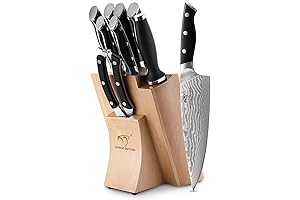 NANFANG BROTHERS Premium Japanese Damascus Knife Set with Block, 9 Pcs