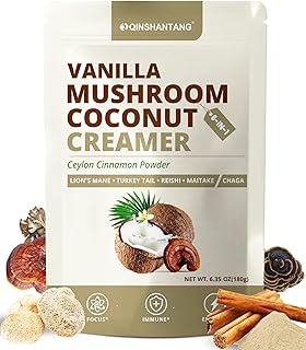 Mushroom Coffee Creamer, Vanilla Coconut Creamer, 5 Mushrooms and Ceylon Cinnamon Powder | Lion's Mane, Turkey Tail, Reishi, Maitake, Chaga, Cordyceps | Upgraded Formulation, Easy to Enjoy | 6.35 Oz