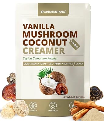 Mushroom Coffee Creamer, Vanilla Coconut Creamer, 5 Mushrooms and Ceylon Cinnamon Powder | Lions Mane, Turkey Tail, Reishi, Maitake, Chaga, Cordyceps | Upgraded Formulation, Easy to Enjoy | 6.35 Oz