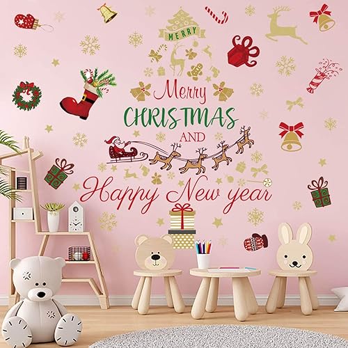 Calcomanías de pared de Navidad, Papá Noel, calcomanías de pared de Navidad, trineo y renos, decoración de Navidad, frase de creer, calcomanía de